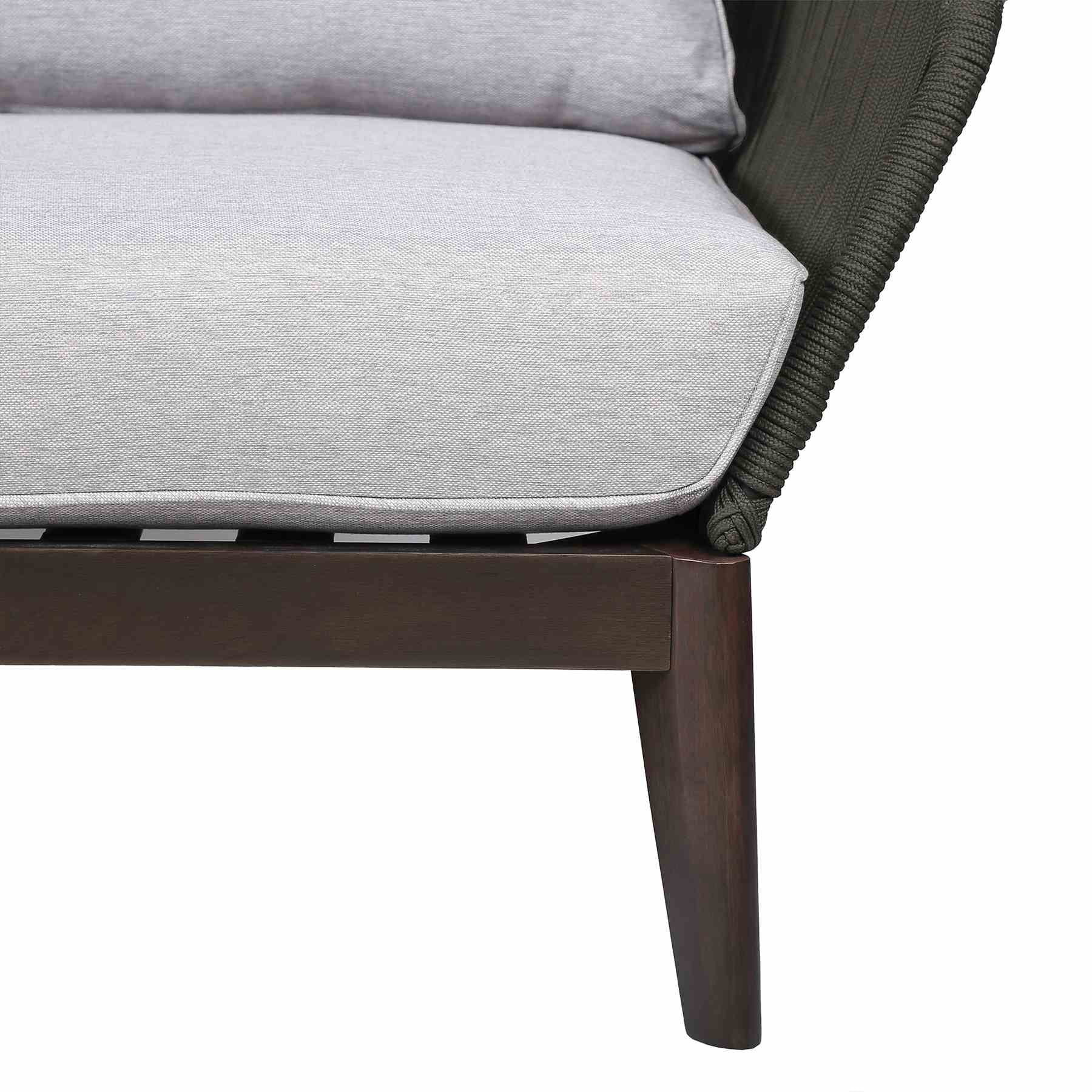 Athos Indoor Outdoor Club Chair in Dark Eucalyptus Wood with Charcoal Rope and Gray Cushions - Image 6