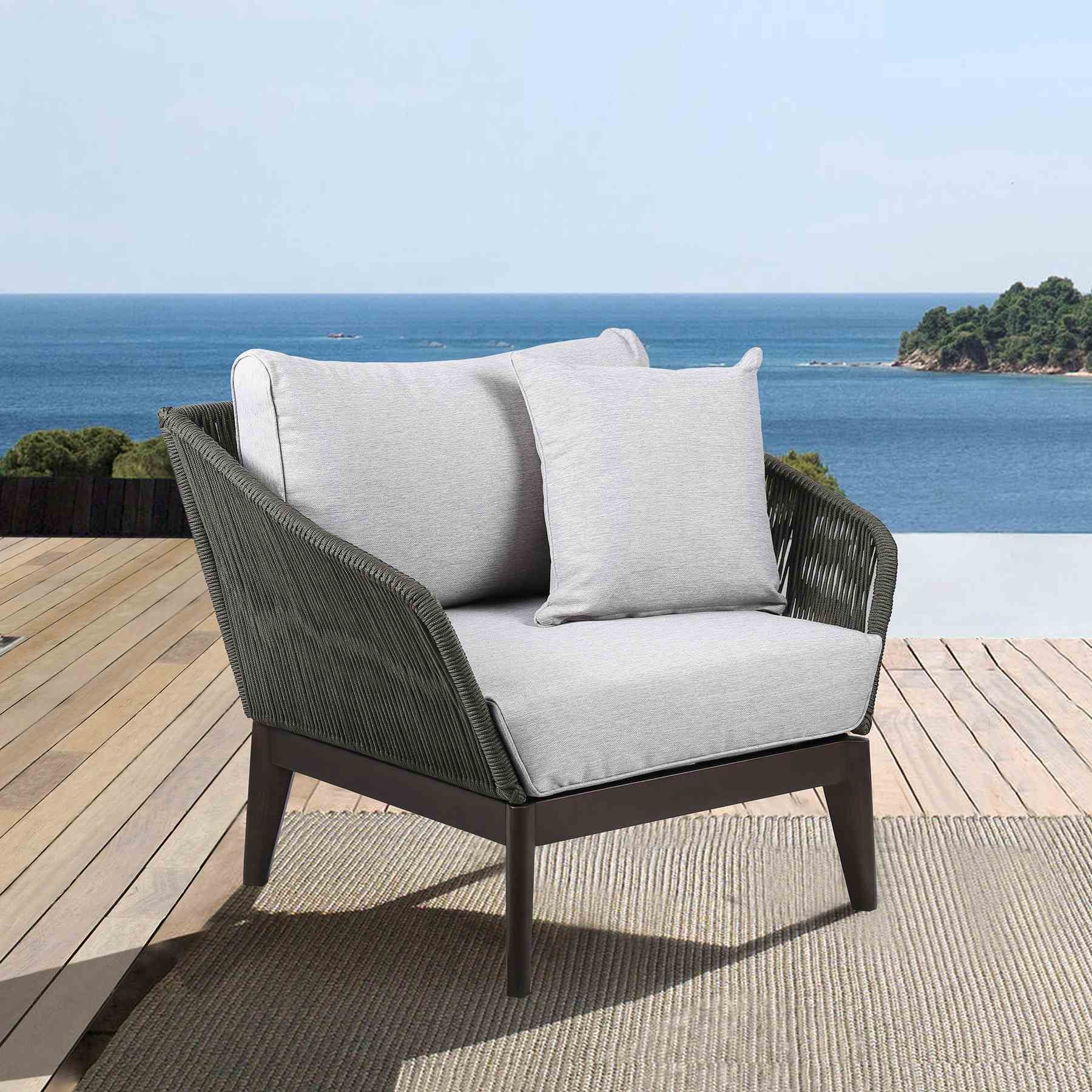 Athos Indoor Outdoor Club Chair in Dark Eucalyptus Wood with Charcoal Rope and Gray Cushions - Image 8
