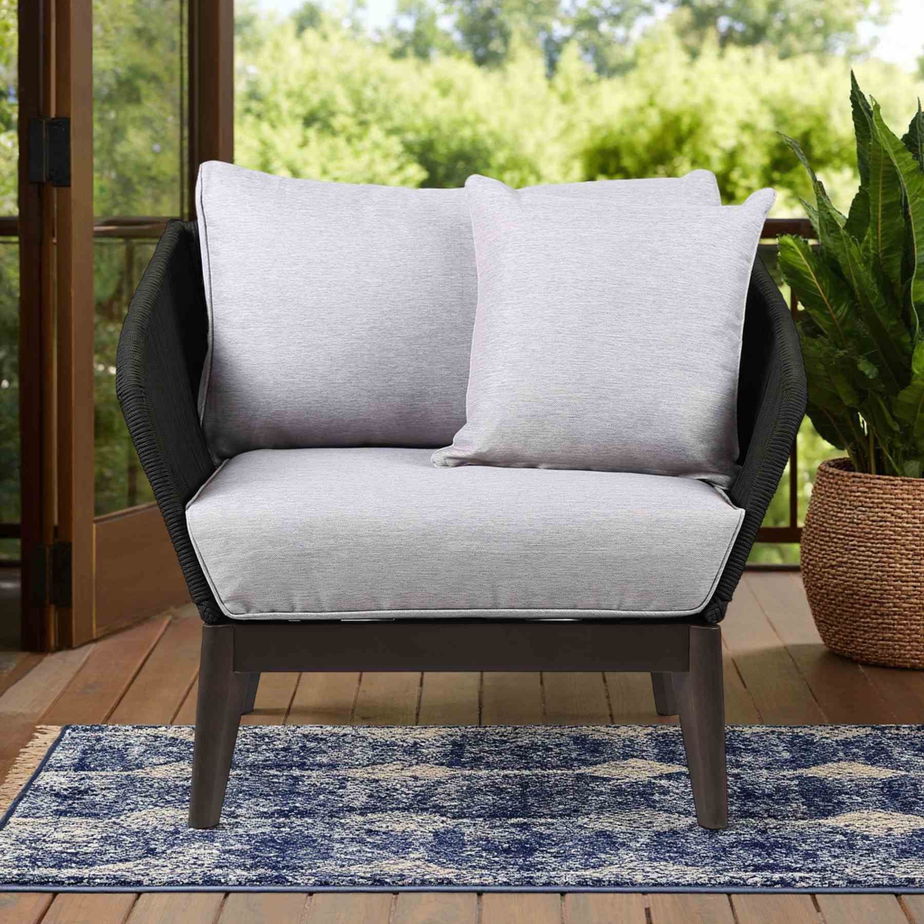 Athos Indoor Outdoor Club Chair in Dark Eucalyptus Wood with Charcoal Rope and Gray Cushions - Image 9