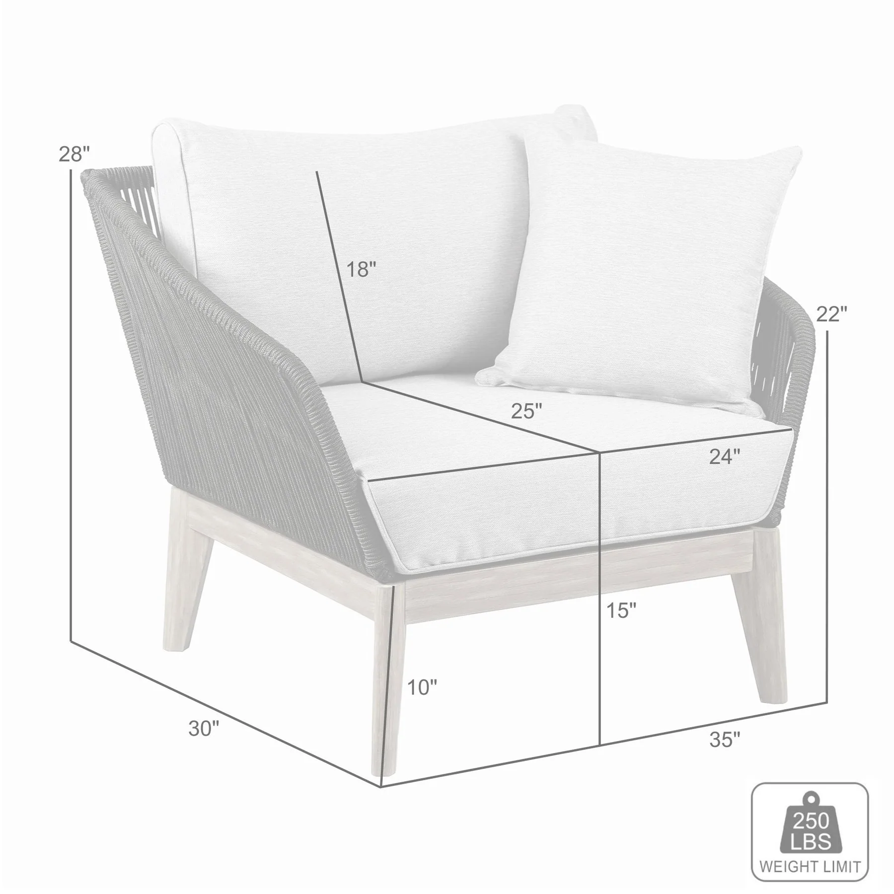 Athos Indoor Outdoor Club Chair in Light Eucalyptus Wood with Charcoal Rope and Gray Cushions - Image 7