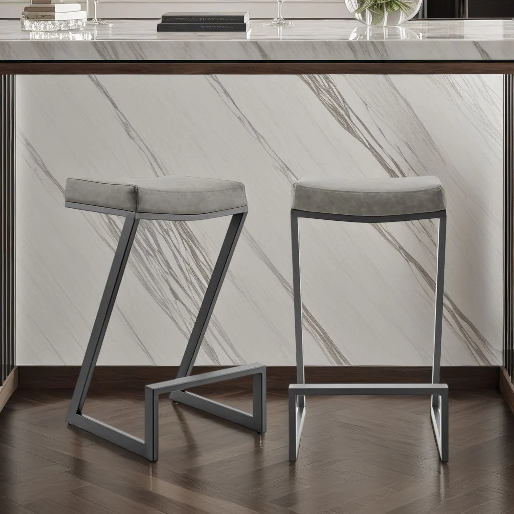 Atlantis 26" Backless Counter Stool with Matte Black Iron and Vintage Gray Faux Leather - Image 10
