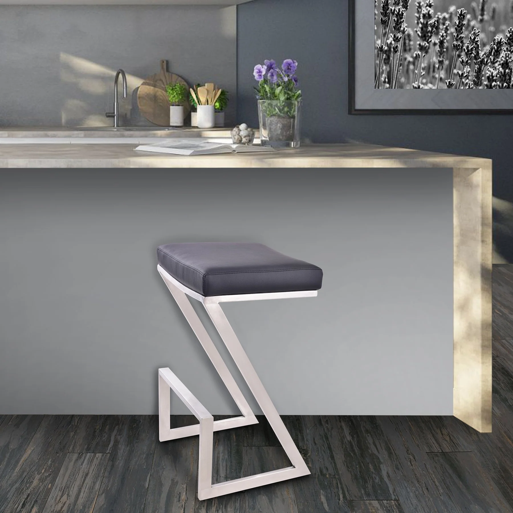 Atlantis 30" Bar Height Backless Black Faux Leather and Brushed Stainless Steel Bar Stool - Image 5