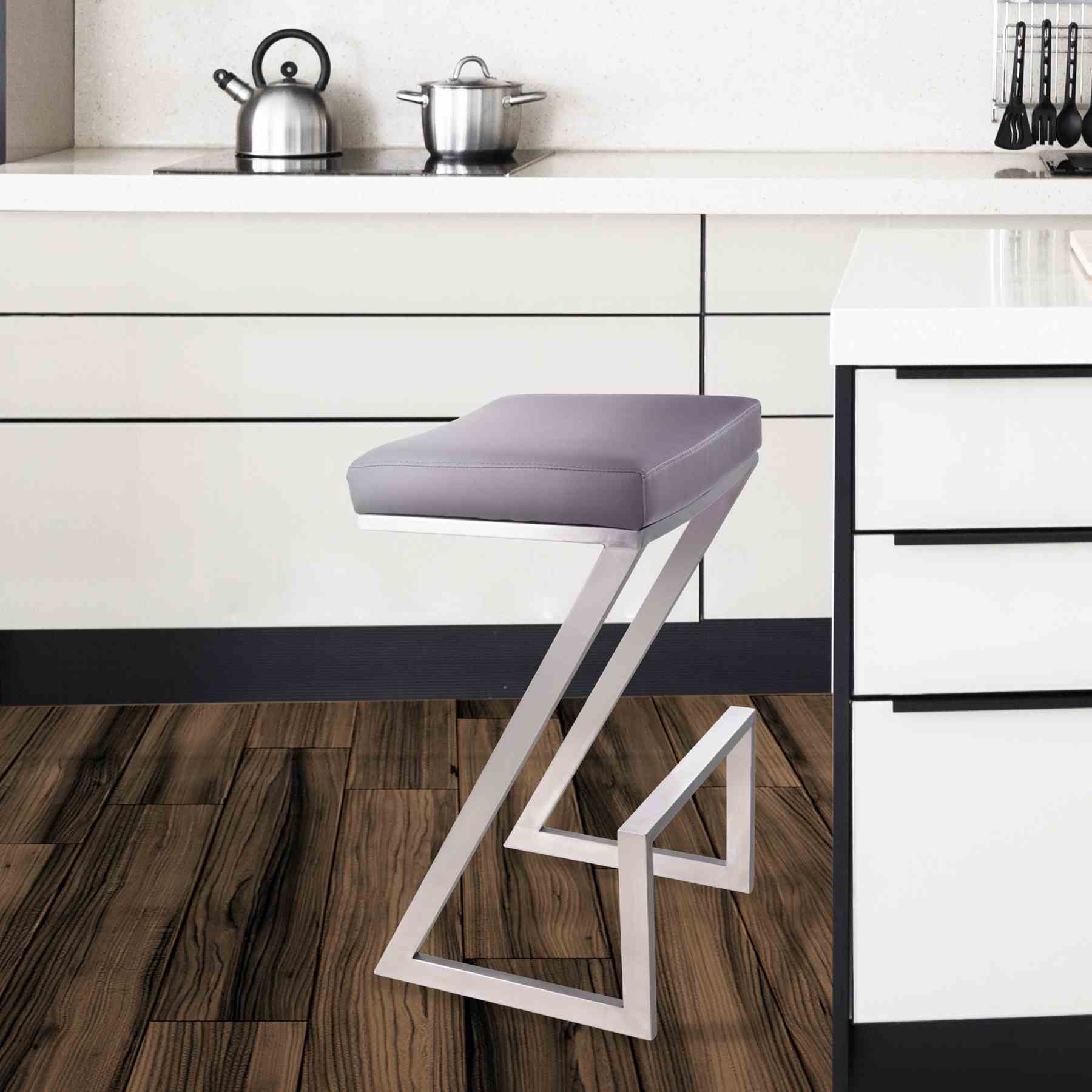 Atlantis 30" Bar Height Backless Gray Faux Leather and Brushed Stainless Steel Bar Stool - Image 5