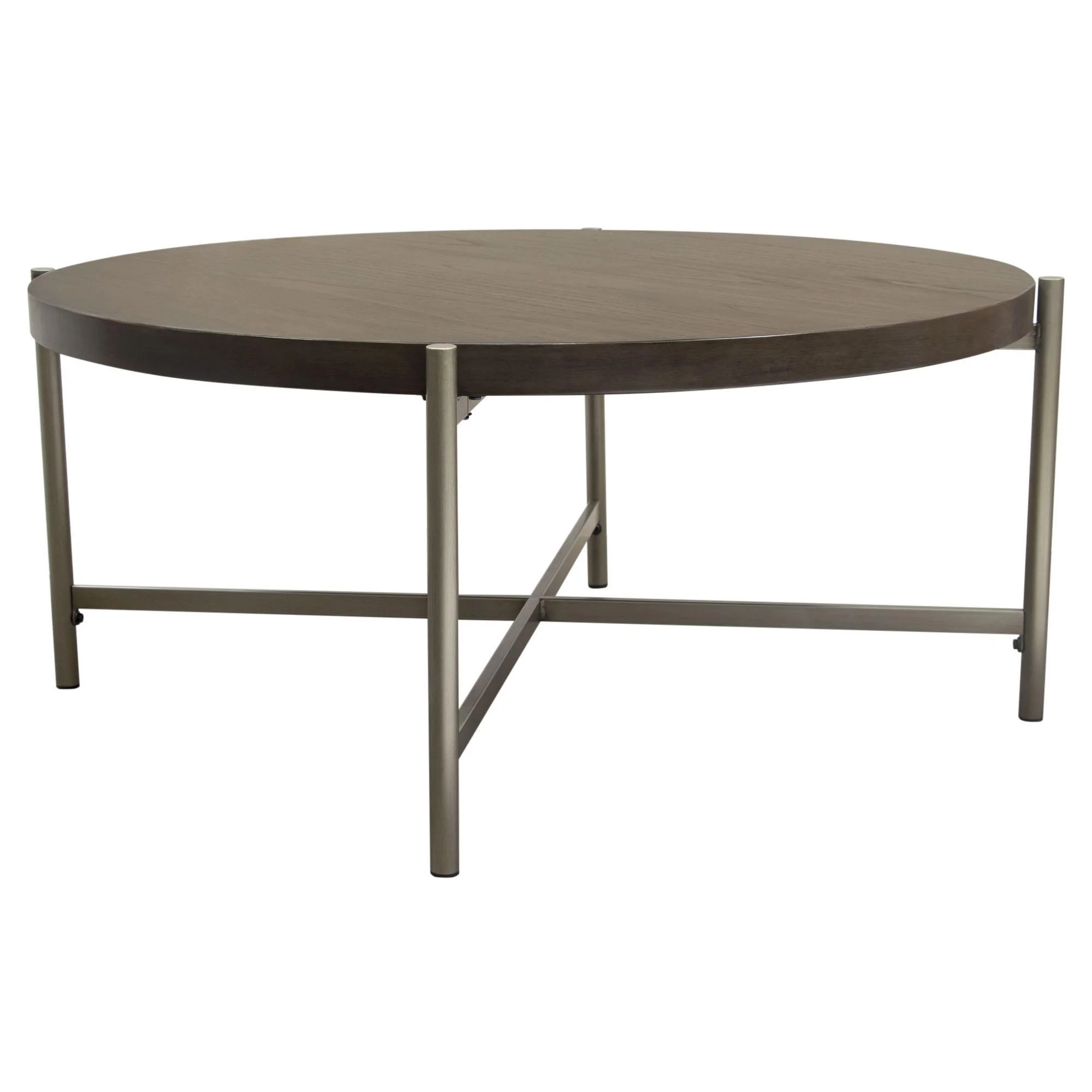 Atwood 40" Round Cocktail Table w/ Grey Oak Veneer Top & Brushed Silver Metal Base by Diamond Sofa - Image 2