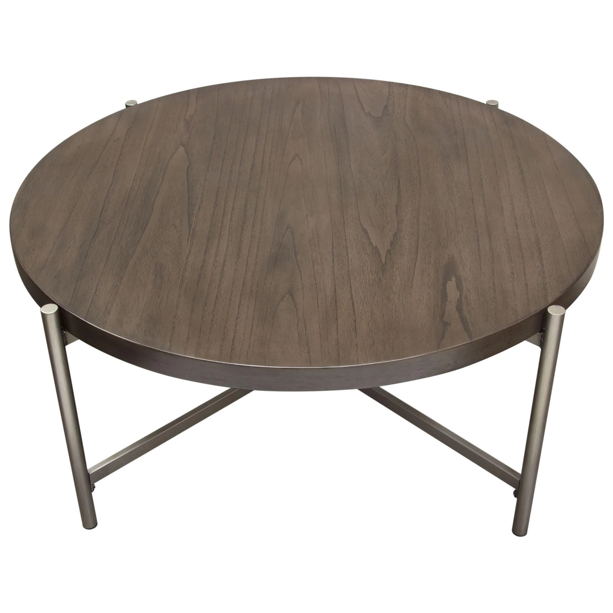 Atwood 40" Round Cocktail Table w/ Grey Oak Veneer Top & Brushed Silver Metal Base by Diamond Sofa - Image 4