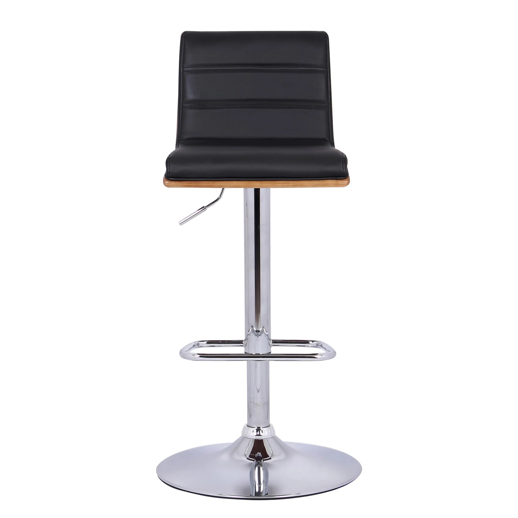 Aubrey Adjustable Height Swivel Black Faux Leather and Chrome Bar Stool with Walnut Wood - Image 2