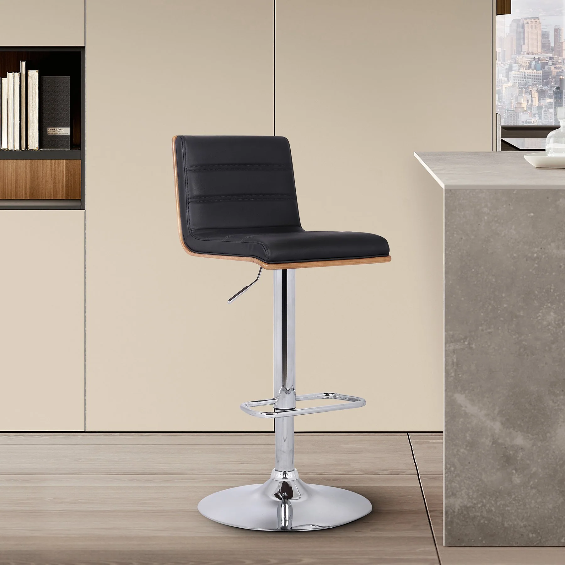 Aubrey Adjustable Height Swivel Black Faux Leather and Chrome Bar Stool with Walnut Wood - Image 8