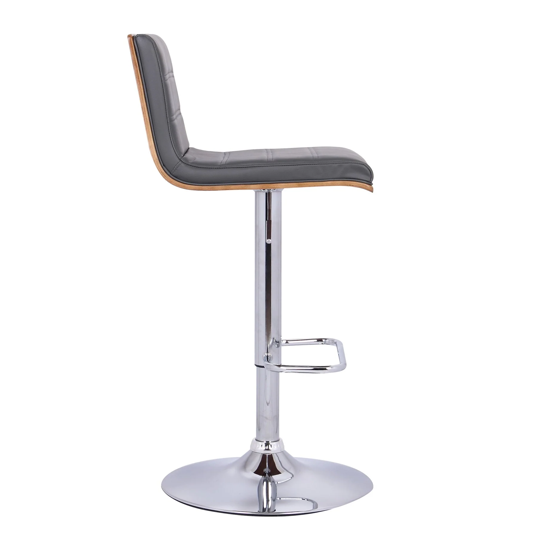 Aubrey Adjustable Height Swivel Gray Faux Leather and Chrome Bar Stool with Walnut Wood - Image 3