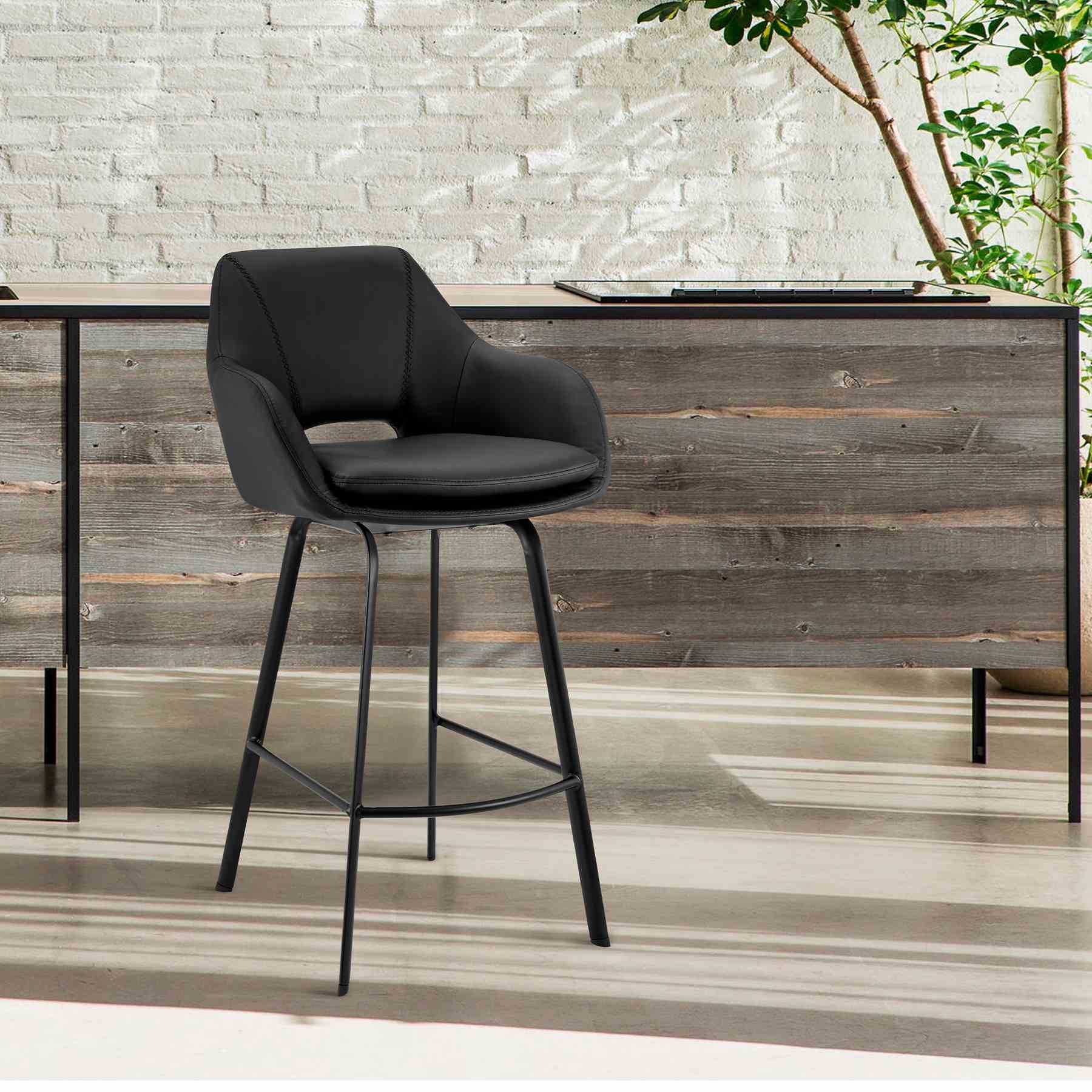 Aura Black Faux Leather and Black Metal Swivel 30" Bar Stool - Image 11