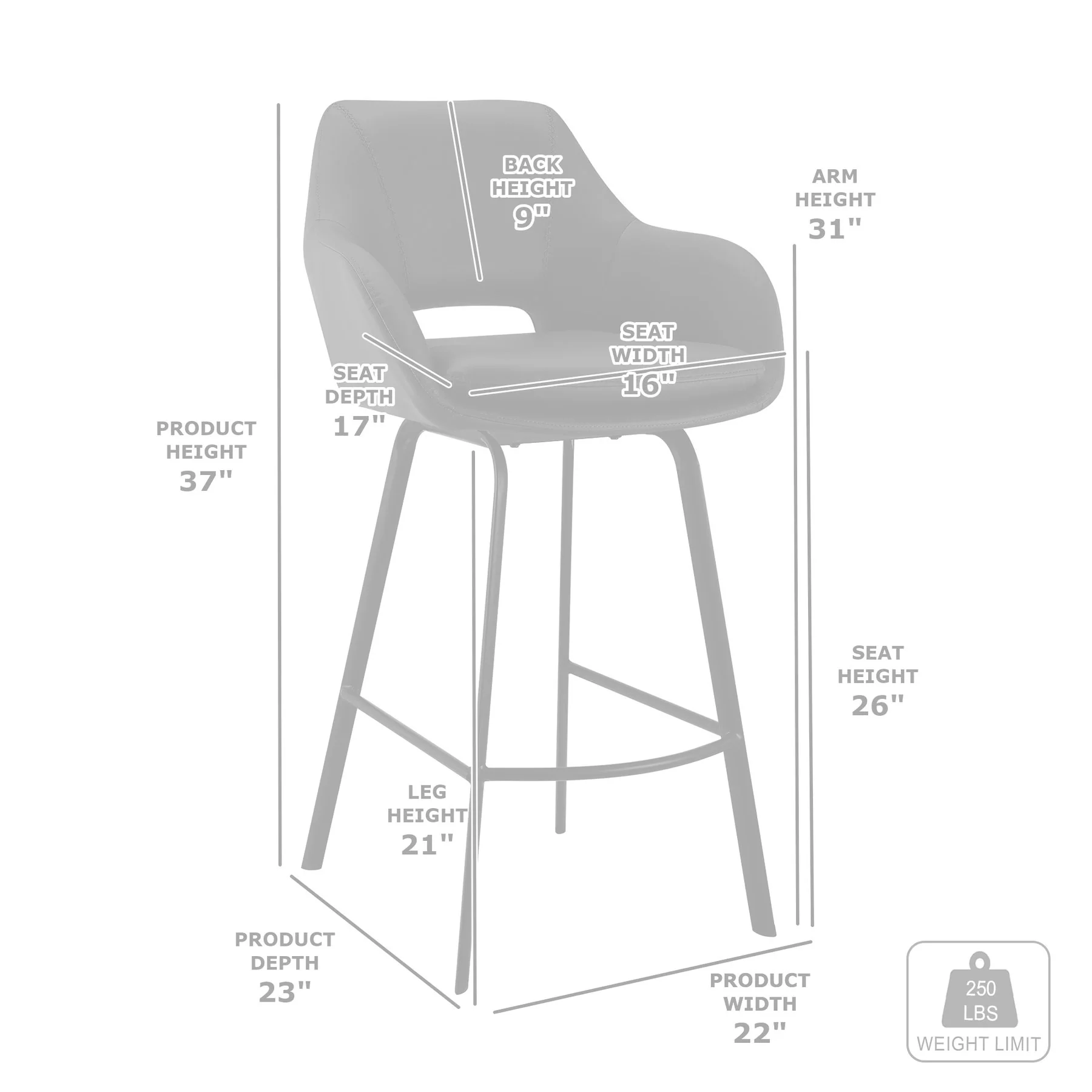 Aura Gray Faux Leather and Black Metal Swivel 26" Counter Stool - Image 10