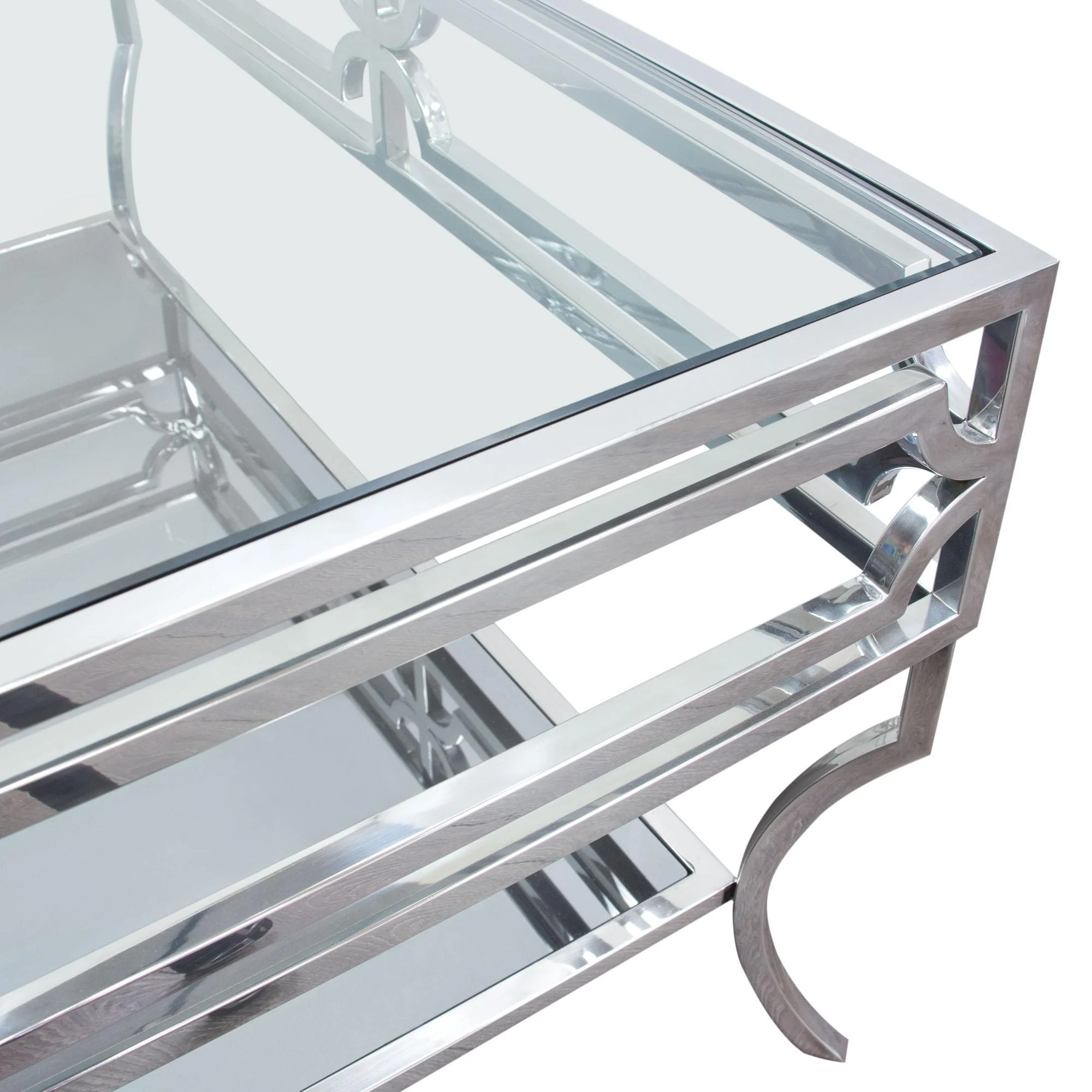 Avalon Cocktail Table with Clear Glass Top, Mirrored Shelf & Stainless Steel Frame by Diamond Sofa - Image 6