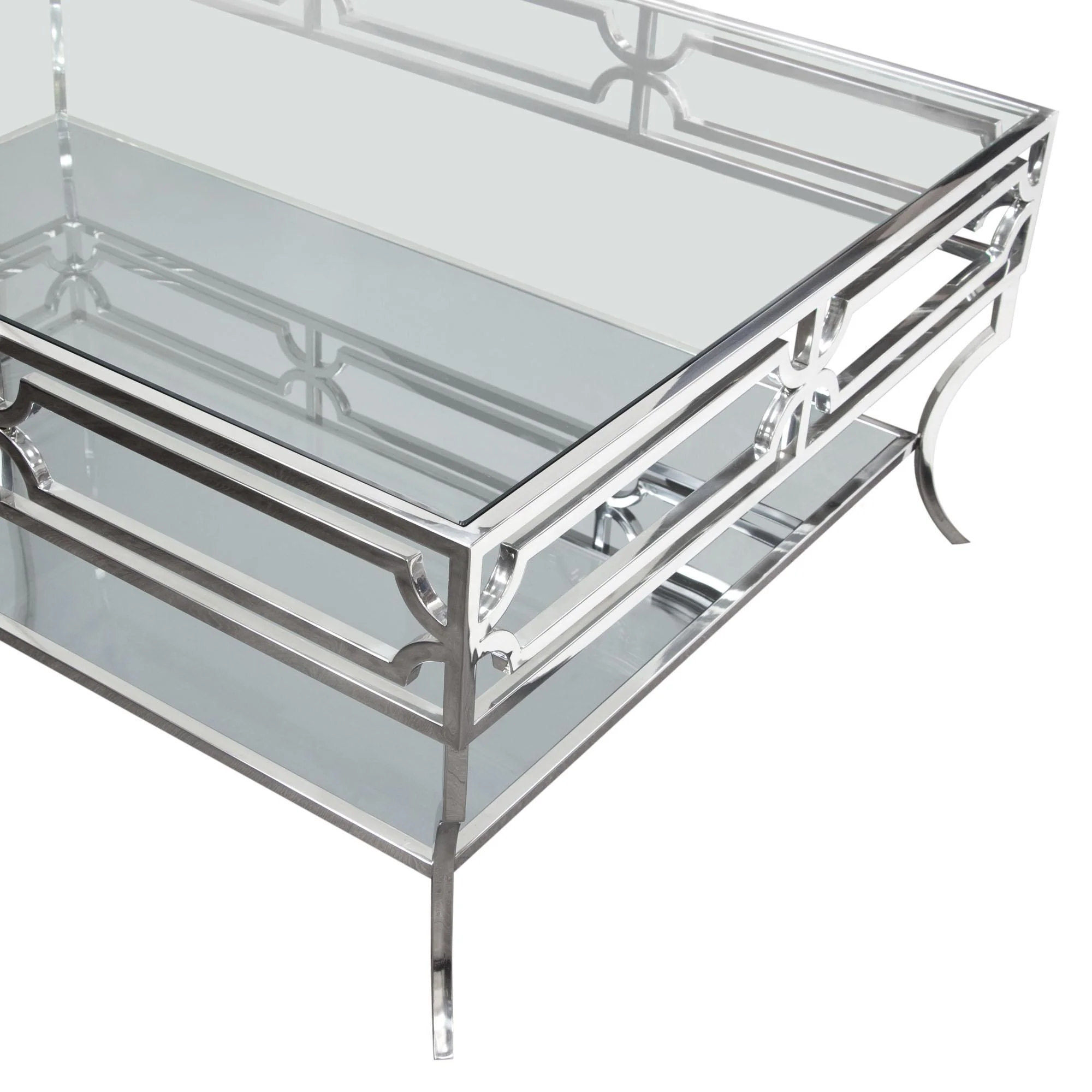 Avalon Cocktail Table with Clear Glass Top, Mirrored Shelf & Stainless Steel Frame by Diamond Sofa - Image 7
