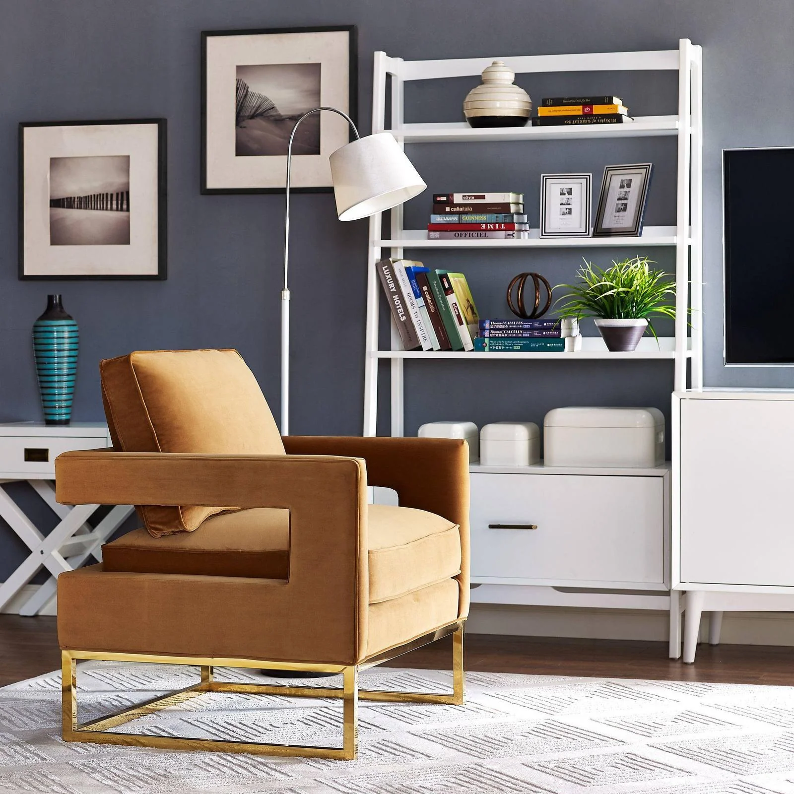 Avery Cognac Velvet Chair With Polished Gold Base - Image 2
