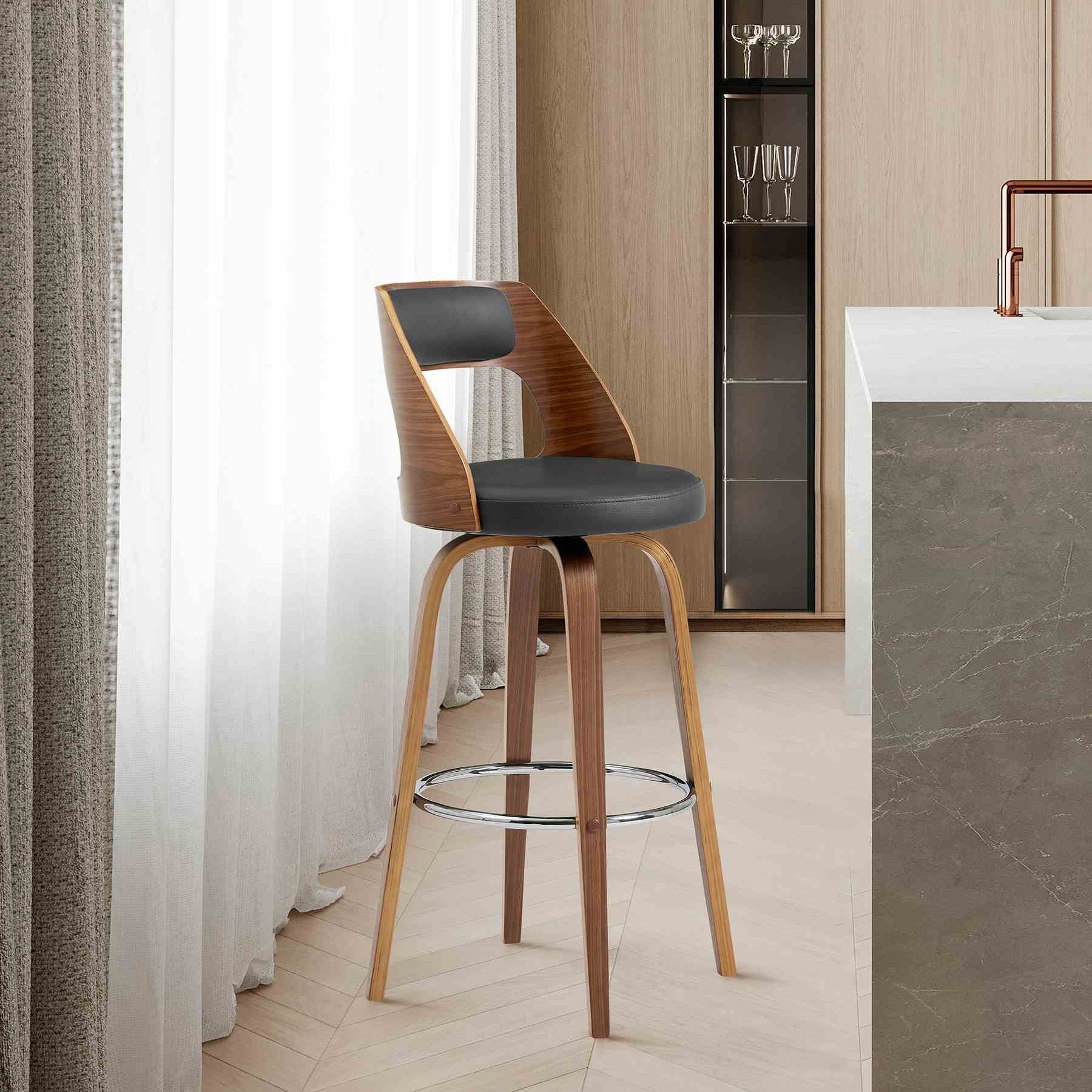 Axel 26" Swivel Counter Stool in Gray Faux Leather and Walnut Wood - Image 9