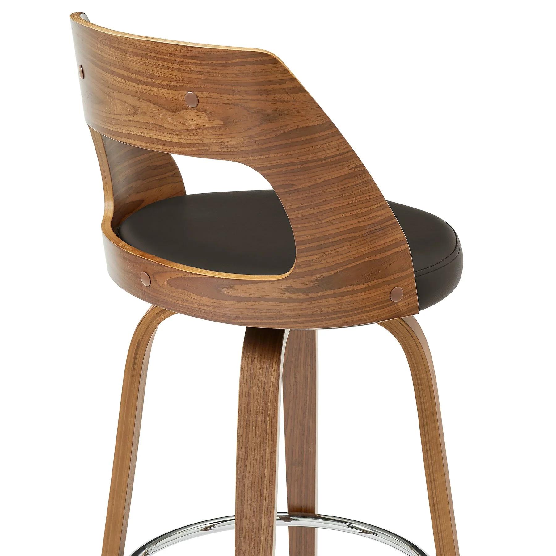 Axel 30" Swivel Bar Stool in Brown Faux Leather and Walnut Wood - Image 7