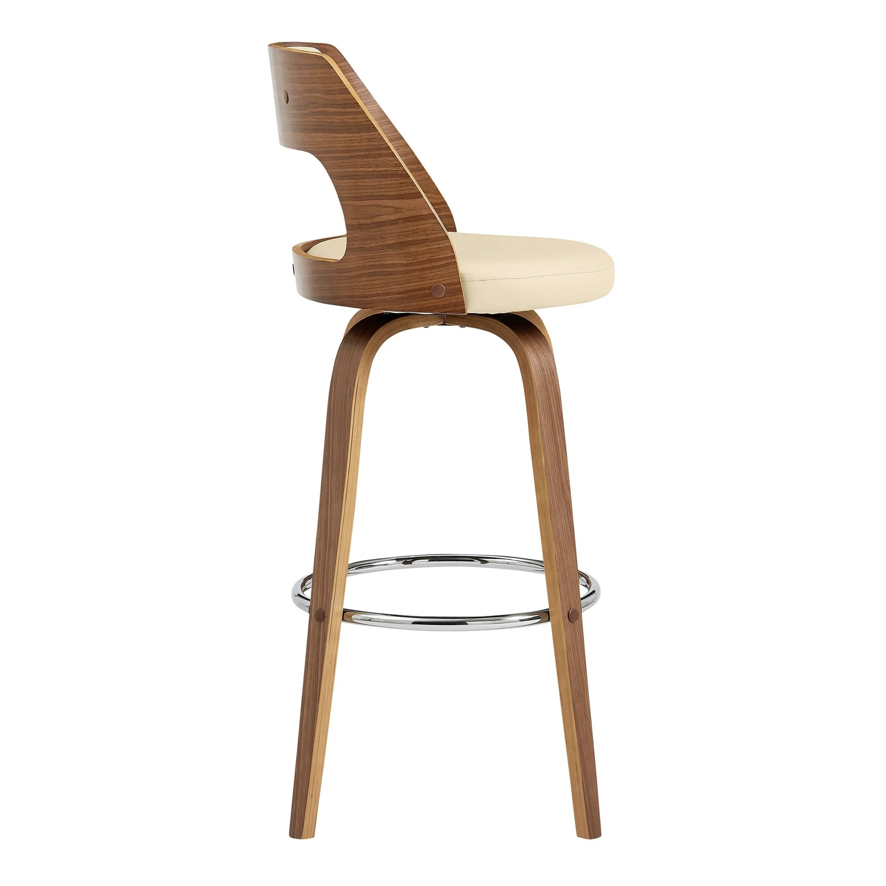 Axel 30" Swivel Bar Stool in Cream Faux Leather and Walnut Wood - Image 3