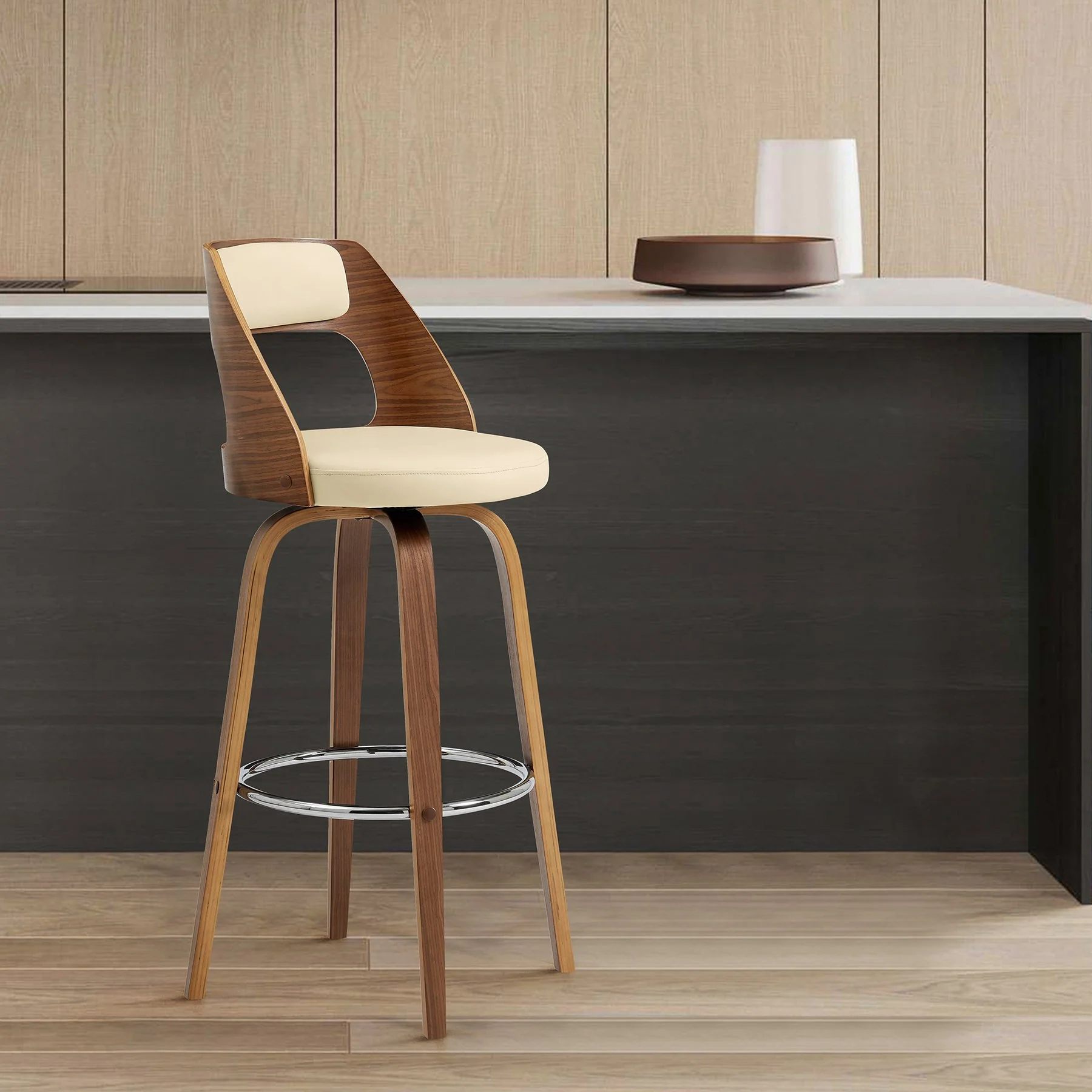 Axel 30" Swivel Bar Stool in Cream Faux Leather and Walnut Wood - Image 9