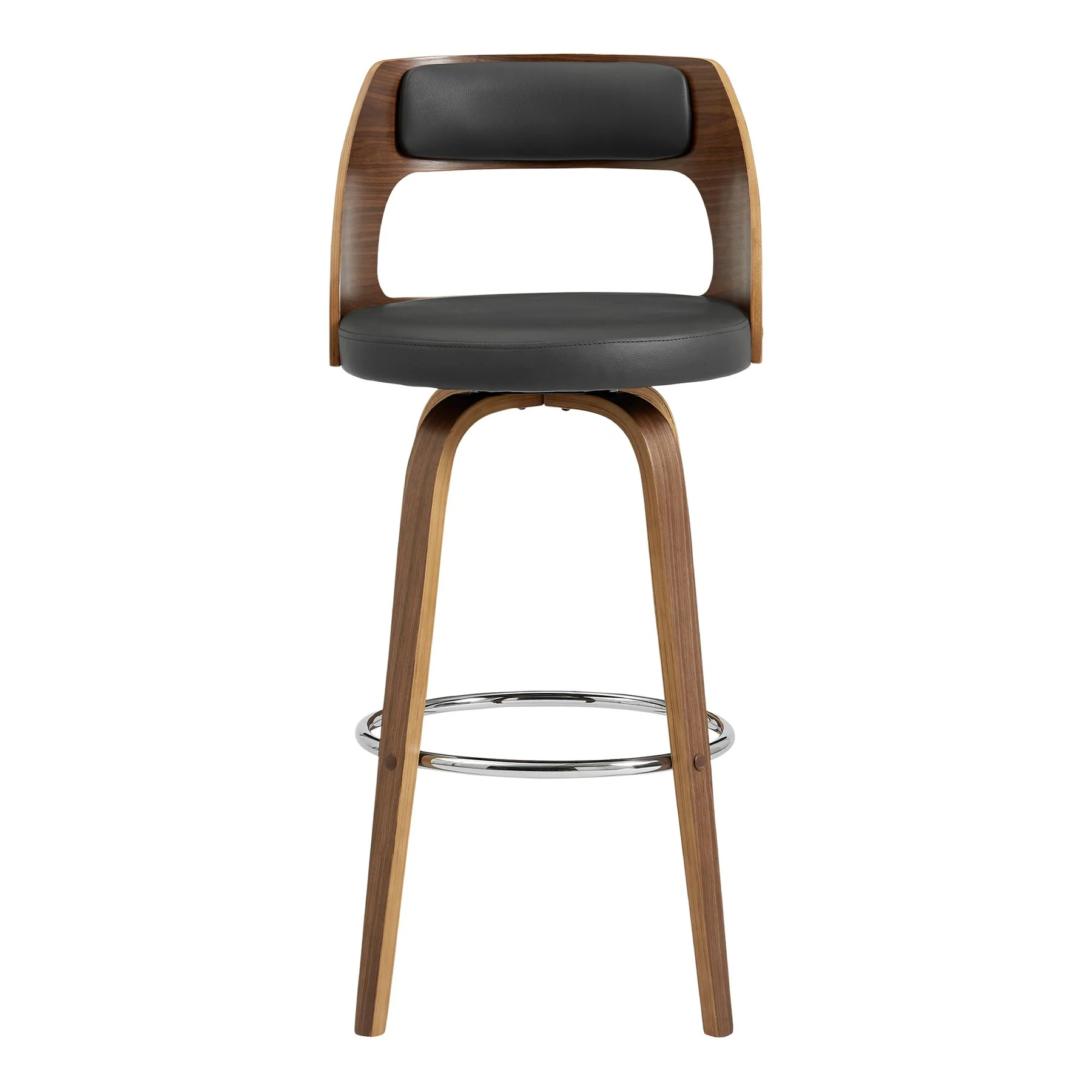 Axel 30" Swivel Bar Stool in Gray Faux Leather and Walnut Wood - Image 2