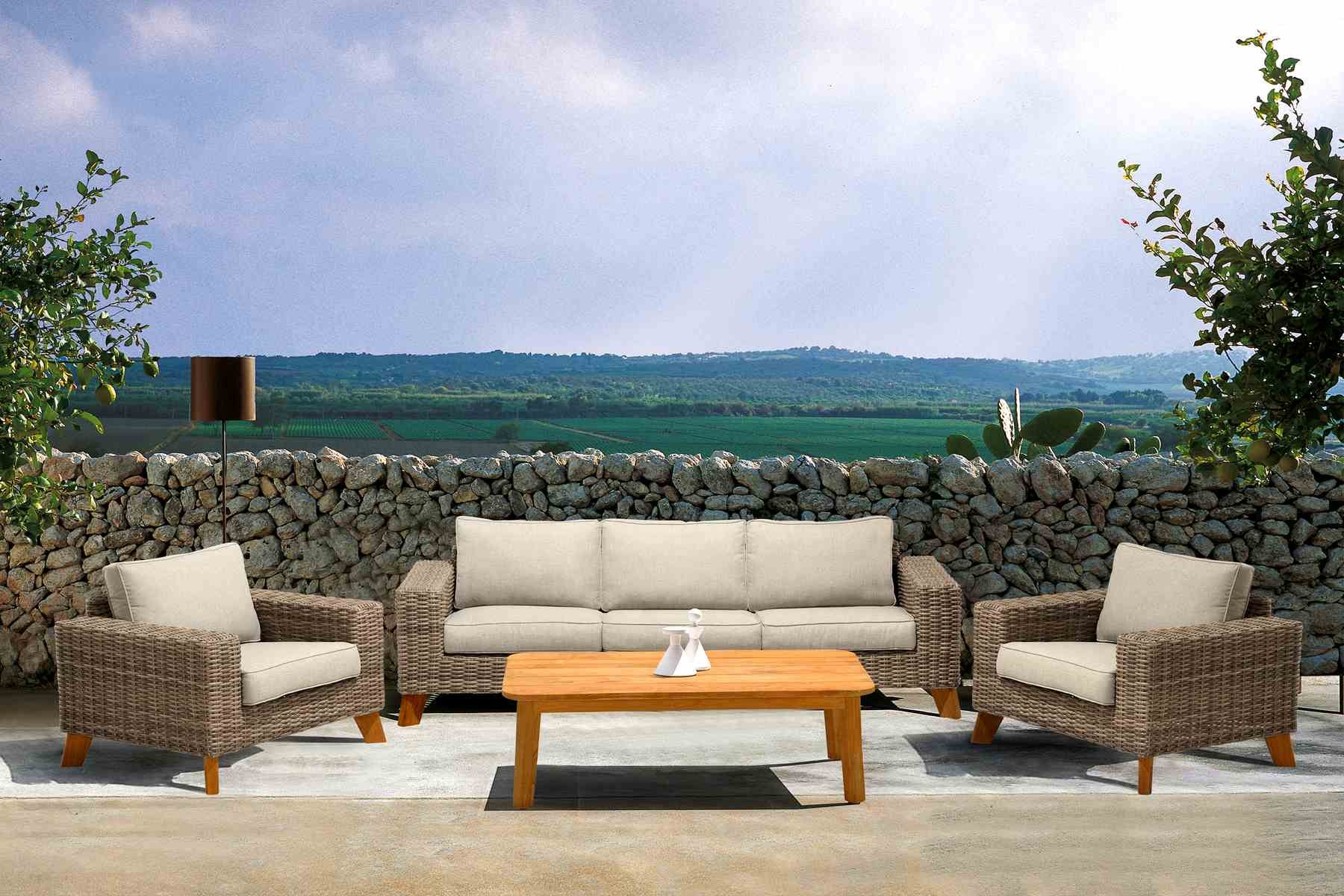 Bahamas Outdoor 4 Piece Wicker & Teak Sofa Seating Set with Beige Olefin - Image 9
