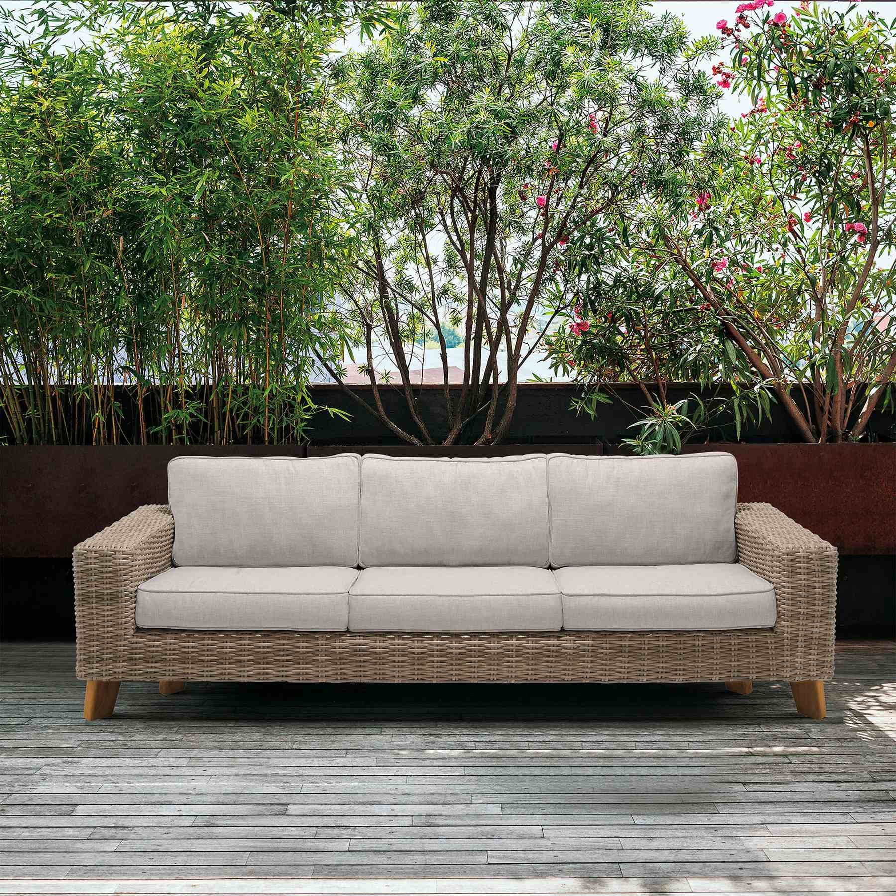 Bahamas Outdoor Wicker & Teak Wood Sofa with Beige Olefin - Image 8