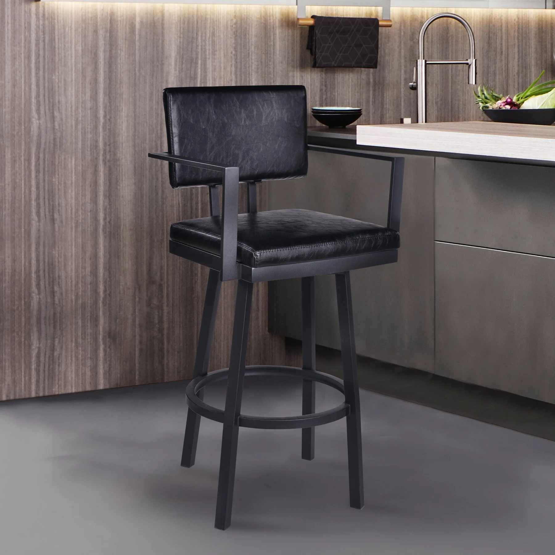 Balboa 26" Counter Height Swivel Vintage Black Faux Leather and Metal Bar Stool with Arms - Image 7