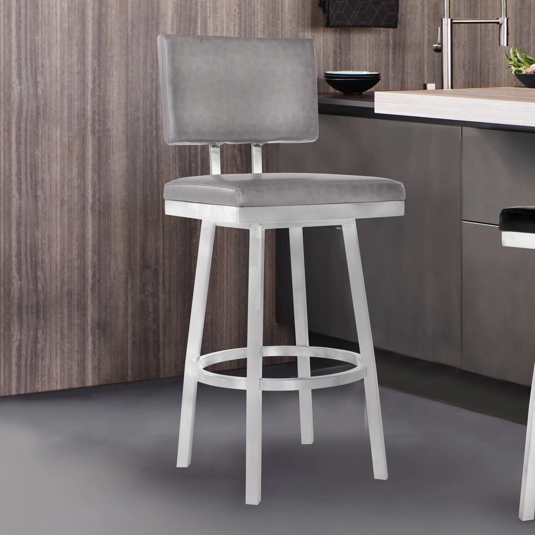 Balboa 26" Counter Height Swivel Vintage Gray and Brushed Stainless Steel Bar Stool - Image 7