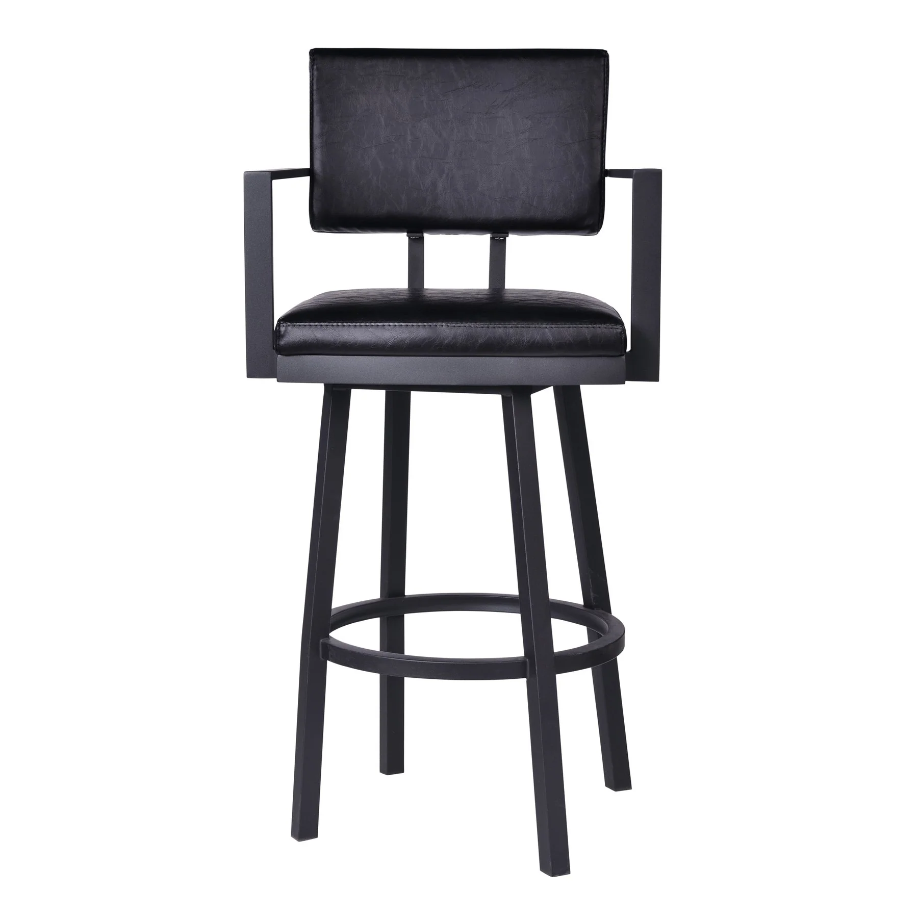 Balboa 30" Bar Height Swivel Vintage Black Faux Leather and Metal Bar Stool with Arms - Image 2