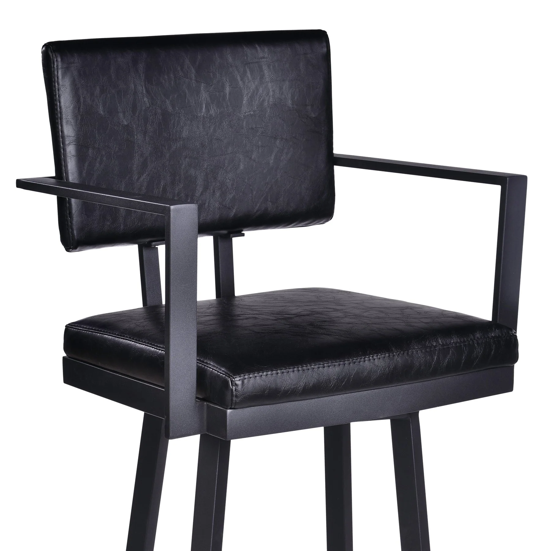 Balboa 30" Bar Height Swivel Vintage Black Faux Leather and Metal Bar Stool with Arms - Image 4