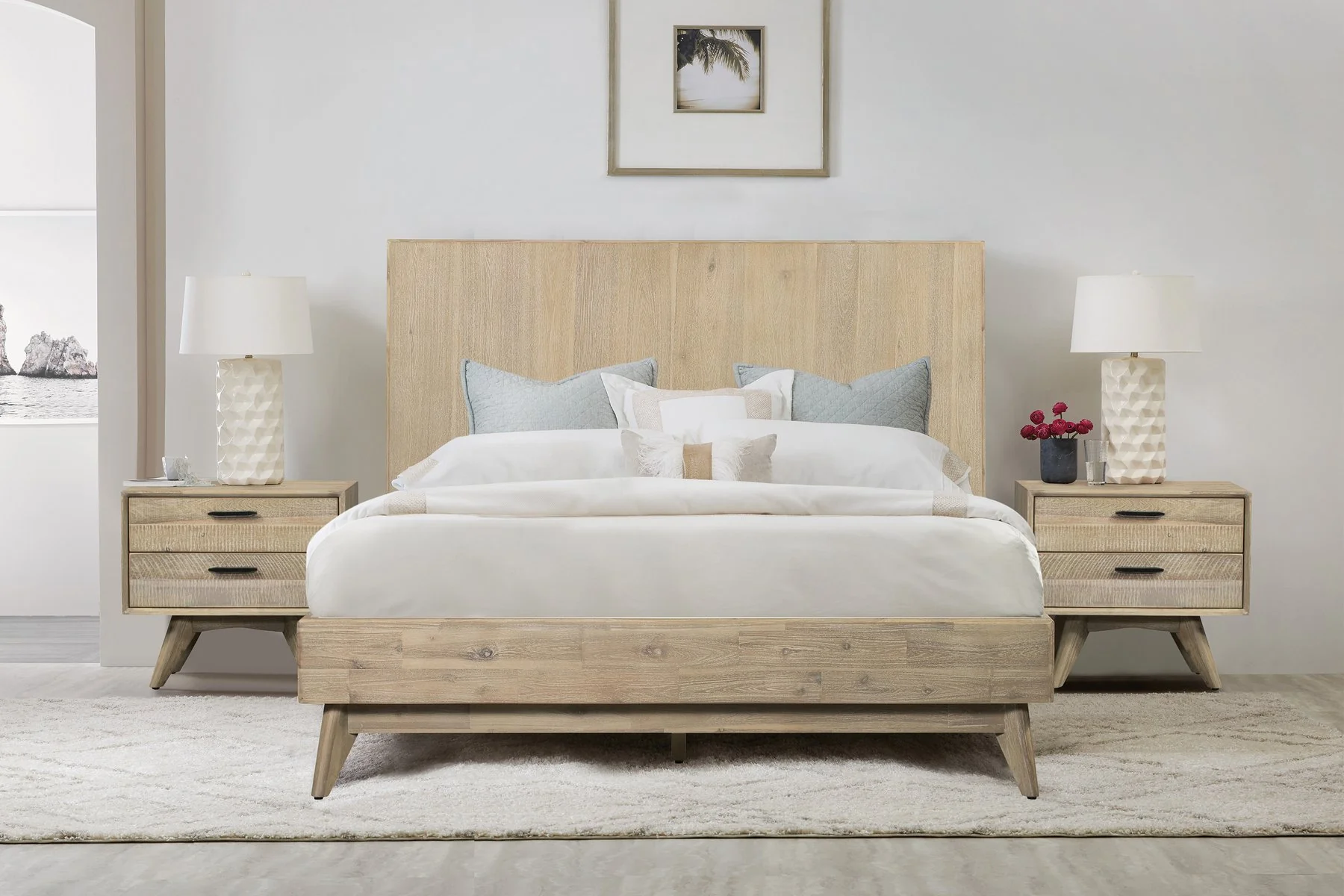 Baly 3 Piece Acacia Queen Platform Bed and Nightstands Bedroom Set - Image 7