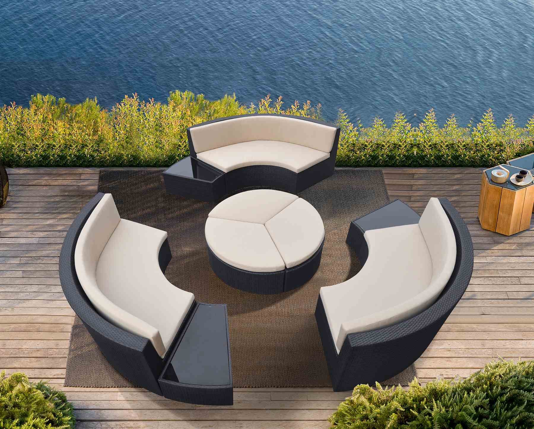 Barbados 9 piece Wicker Outdoor Patio Set in Black Powder Coated Finish with Water Resistant Beige Fabric Cushions - Image 9