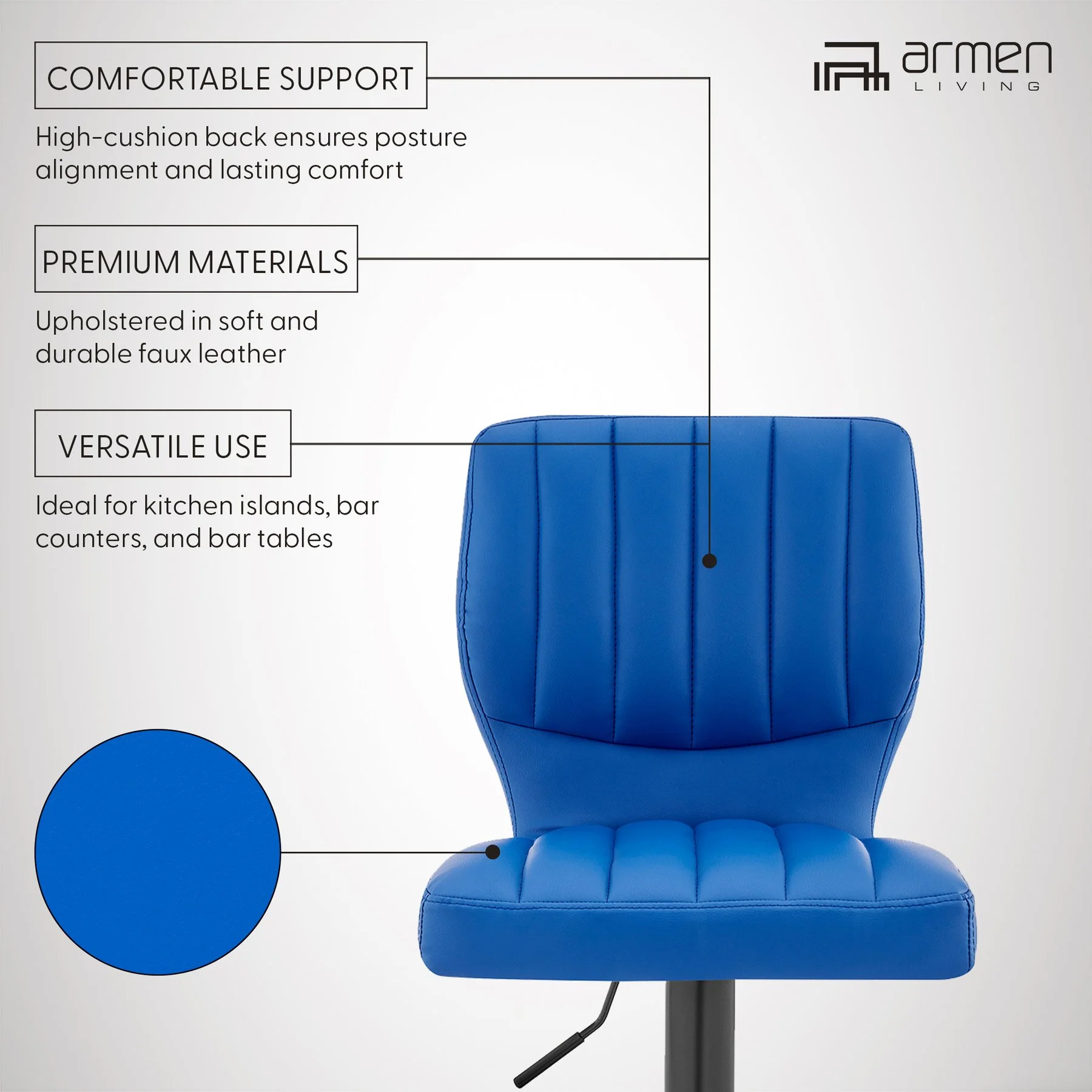 Bardot Adjustable Height Blue Faux Leather Swivel Bar Stool - Image 9