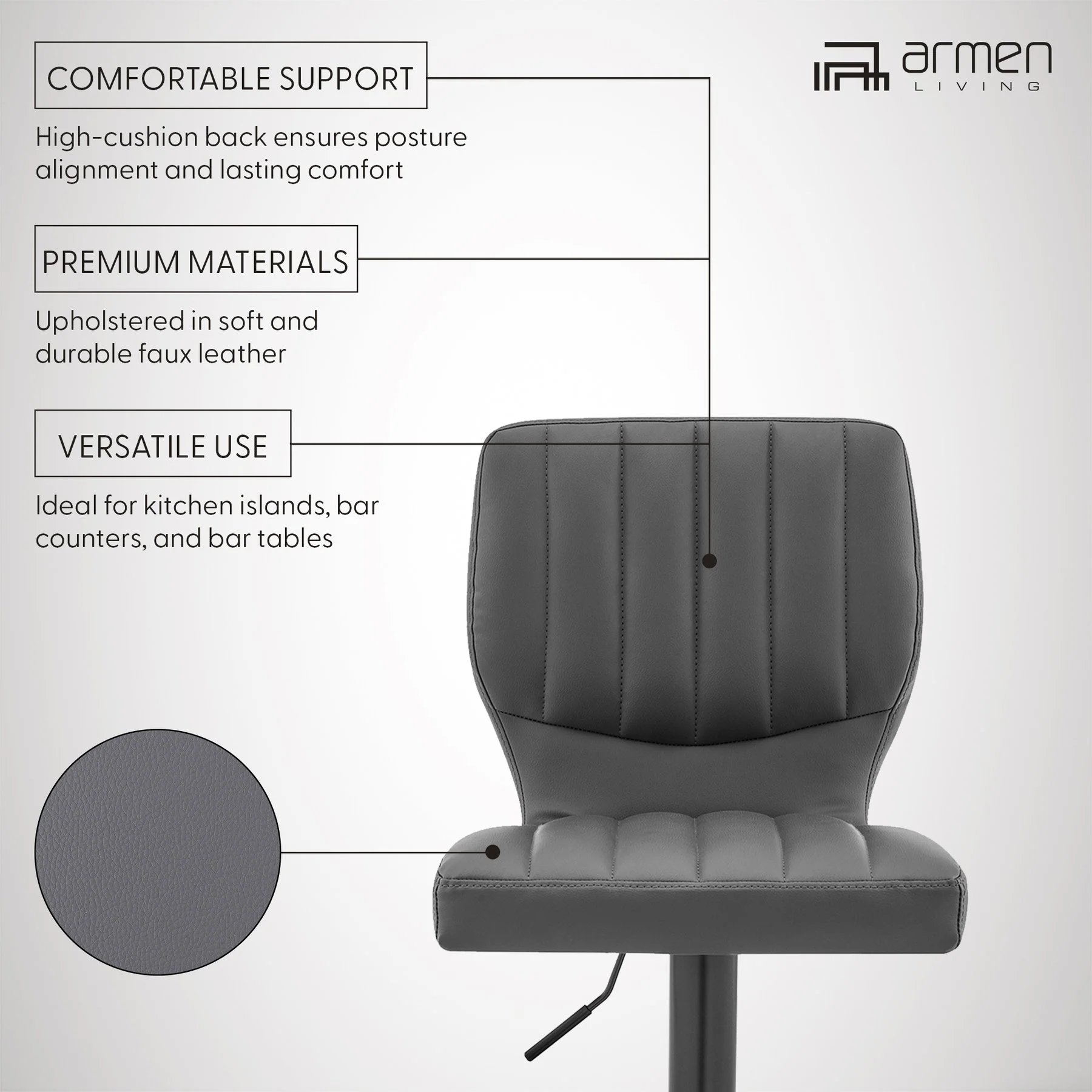 Bardot Adjustable Height Gray Faux Leather Swivel Bar Stool - Image 9
