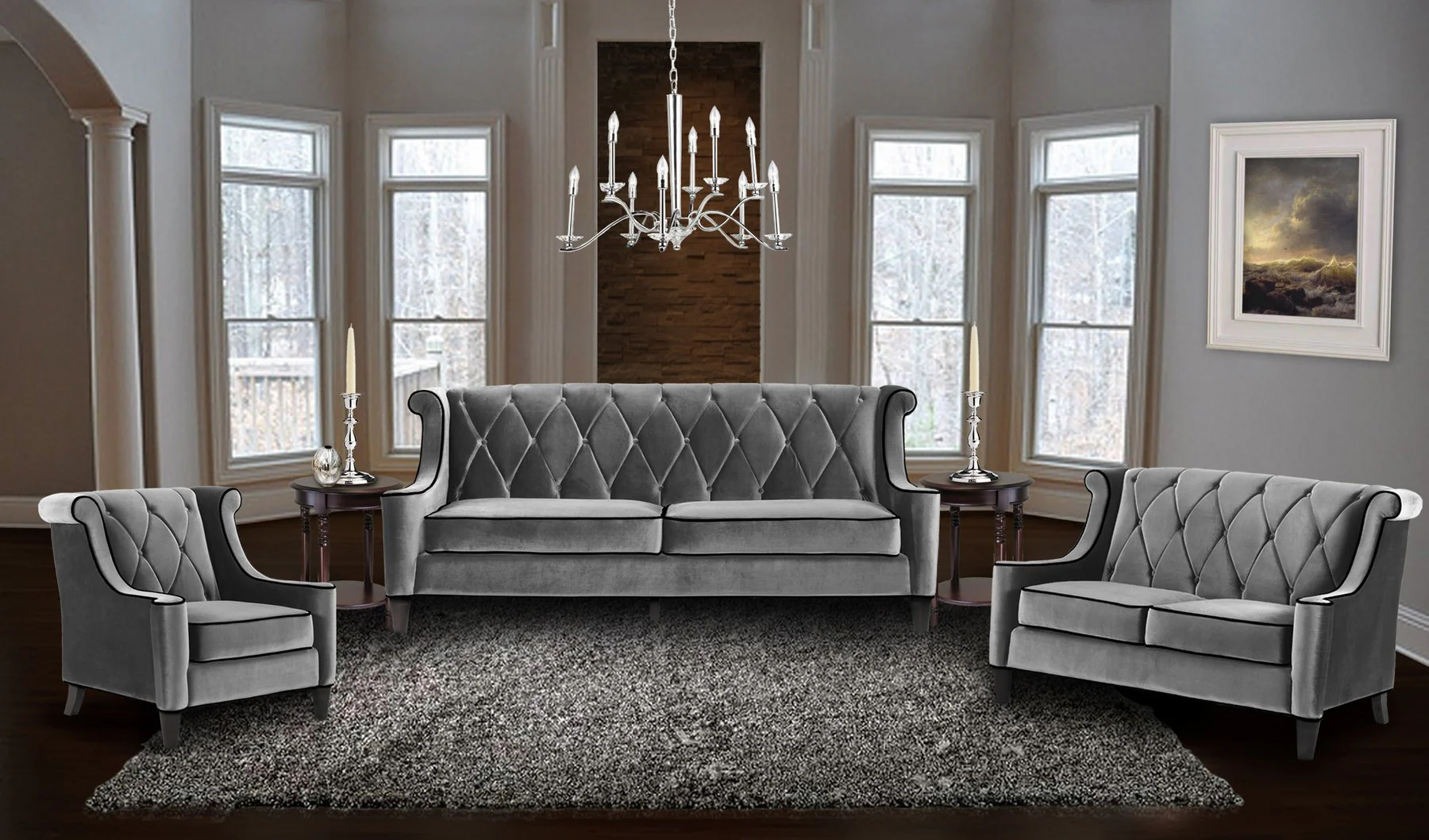 Barrister Chair In Gray Velvet with Black Piping - Image 3