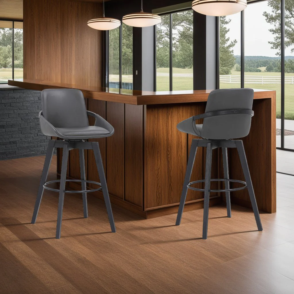 Baylor 30" Gray Faux Leather and Black Wood Swivel Bar Stool - Image 7