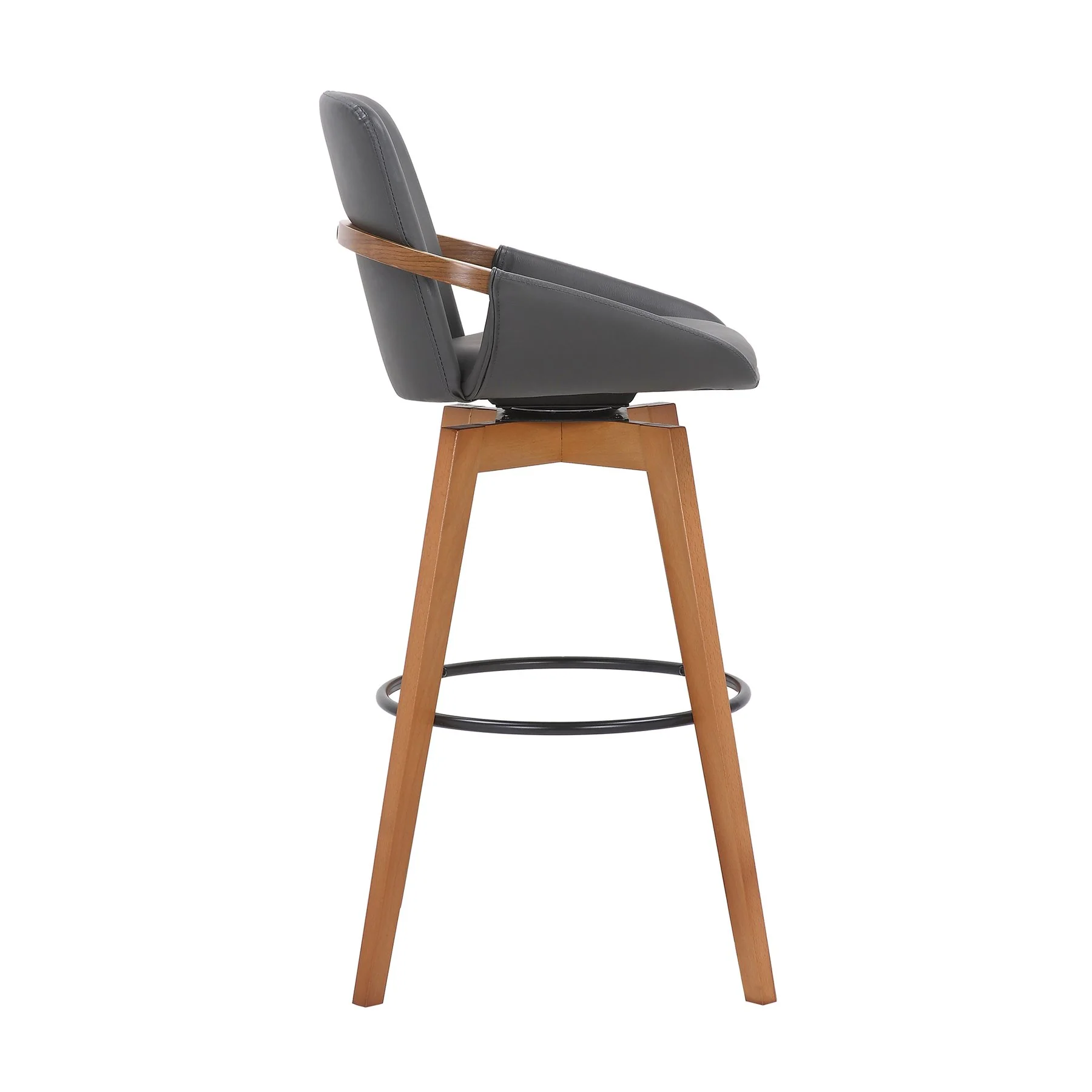 Baylor 30" Gray Faux Leather and Walnut Wood Swivel Bar Stool - Image 3