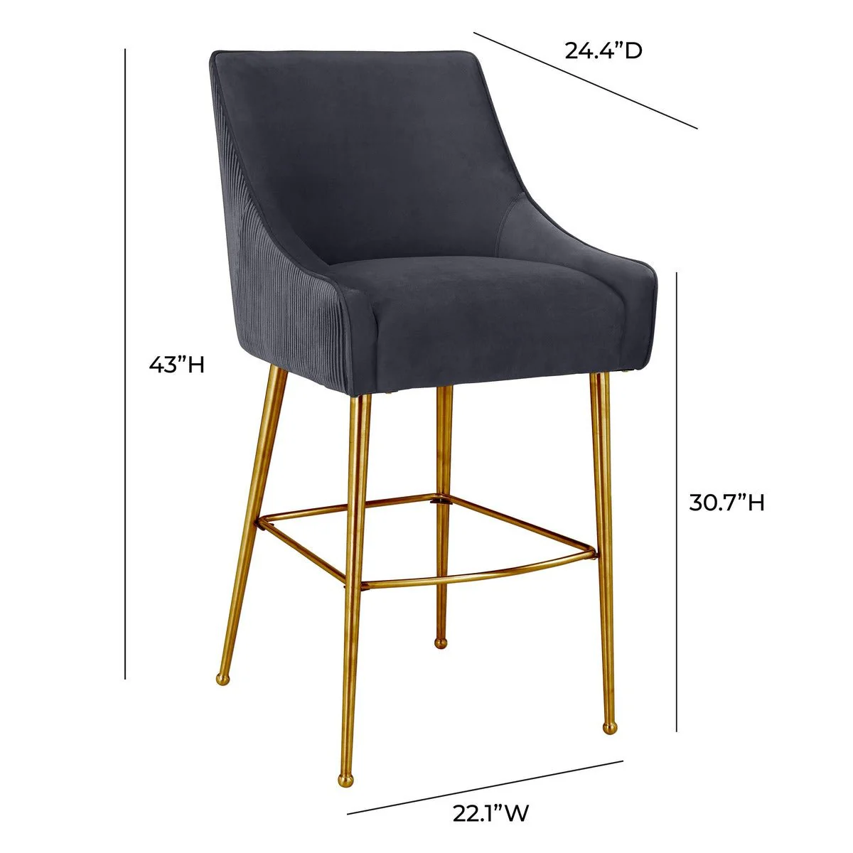 Beatrix Pleated Dark Grey Velvet Bar Stool - Image 6