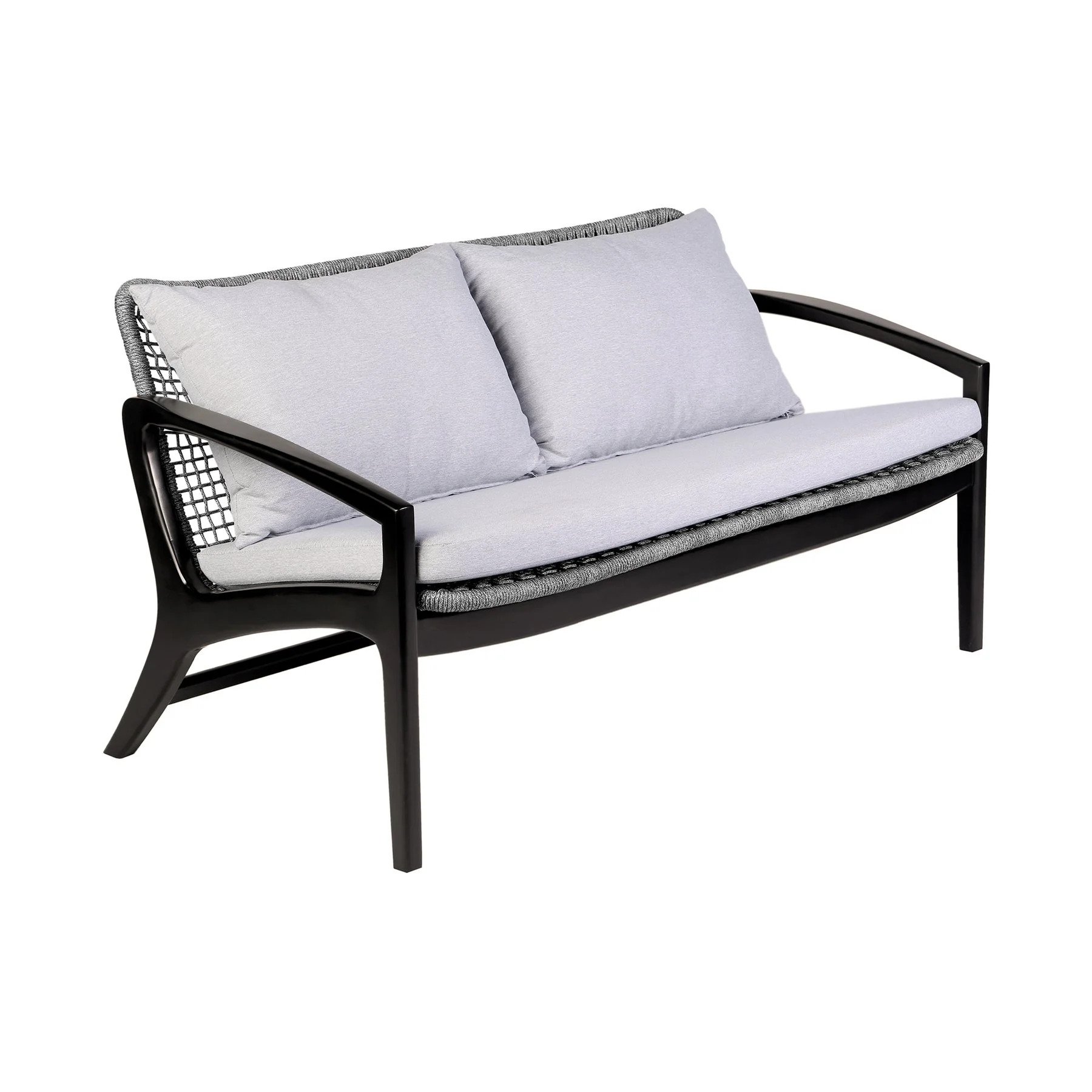 Beckham 4 Piece Outdoor Patio Seating Set in Dark Eucalyptus Wood with Gray Rope and White Cushions - Image 3