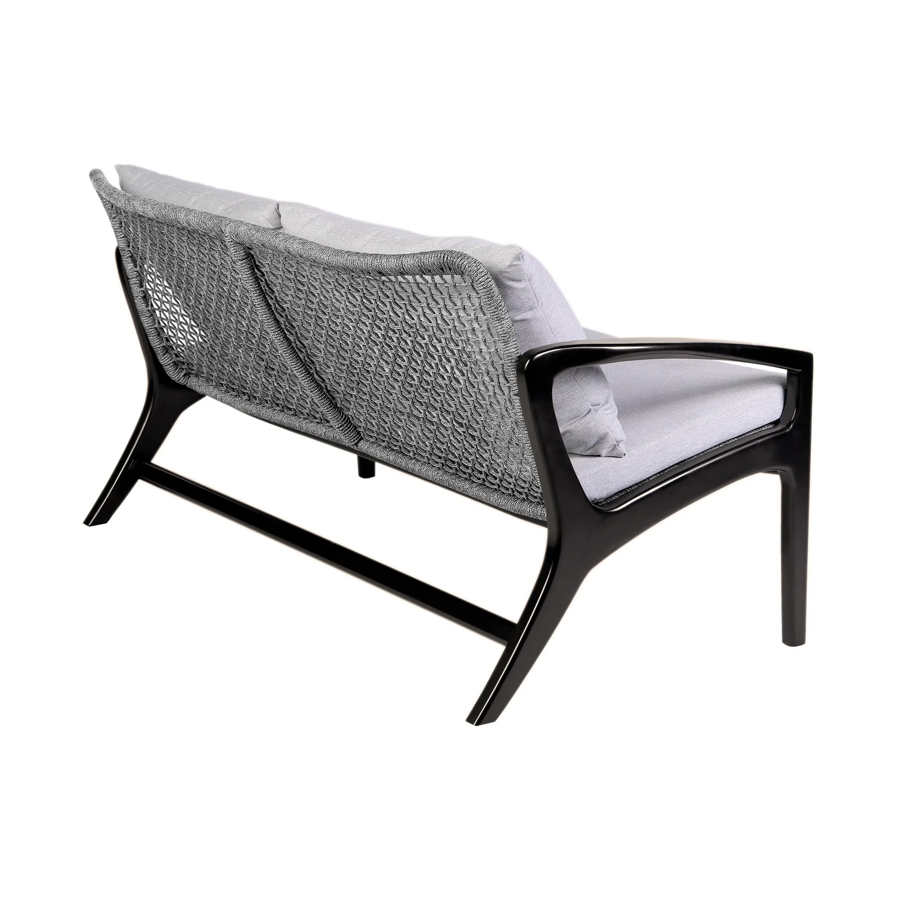 Beckham 4 Piece Outdoor Patio Seating Set in Dark Eucalyptus Wood with Gray Rope and White Cushions - Image 4