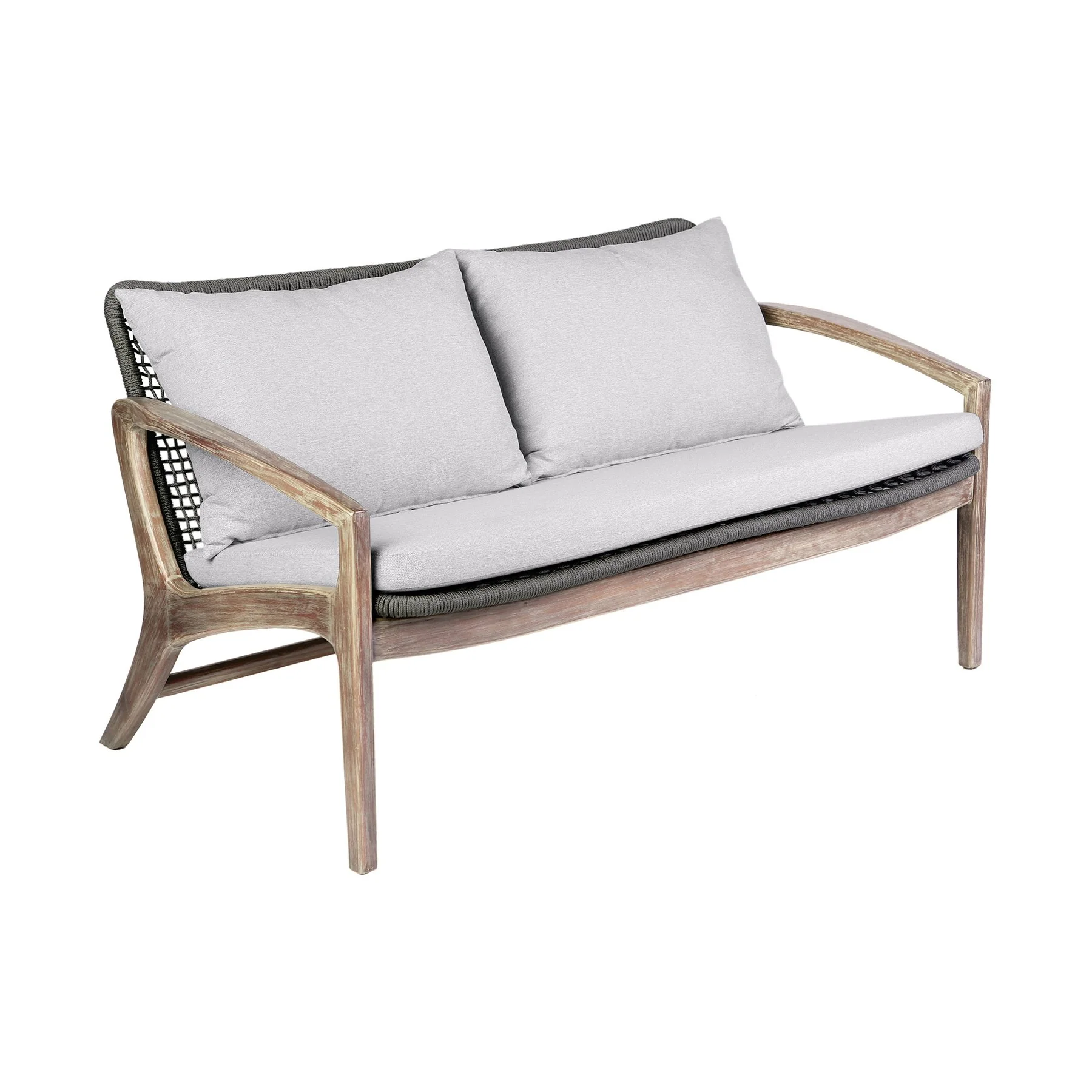 Beckham 4 Piece Outdoor Patio Seating Set in Light Eucalyptus Wood with Charcoal Rope and White Cushions - Image 3