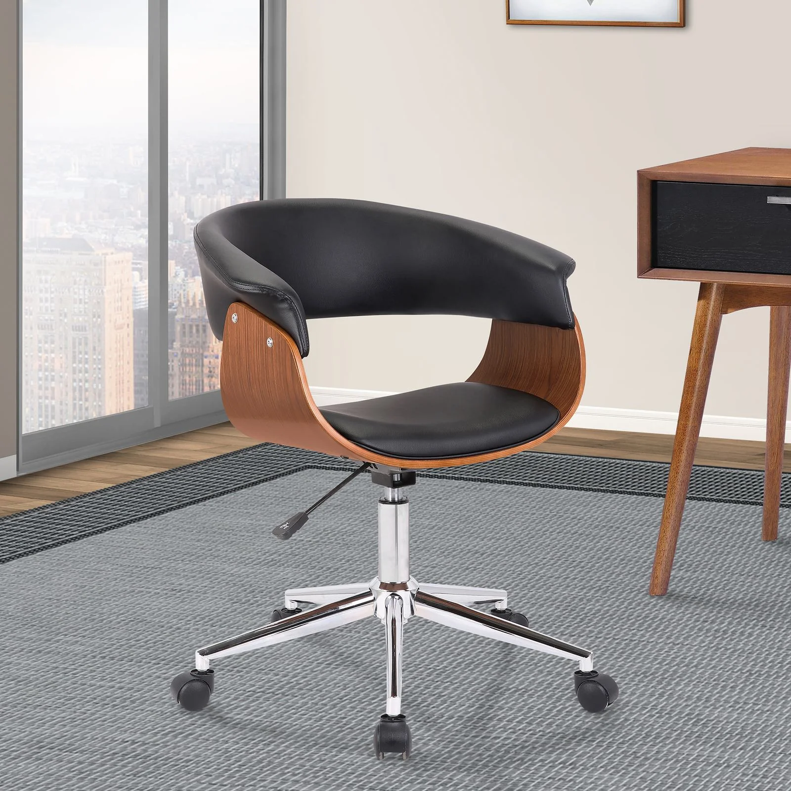 Bellevue Mid-Century Office Chair in Chrome Finish with Black Faux Leather and Walnut Veneer - Image 8