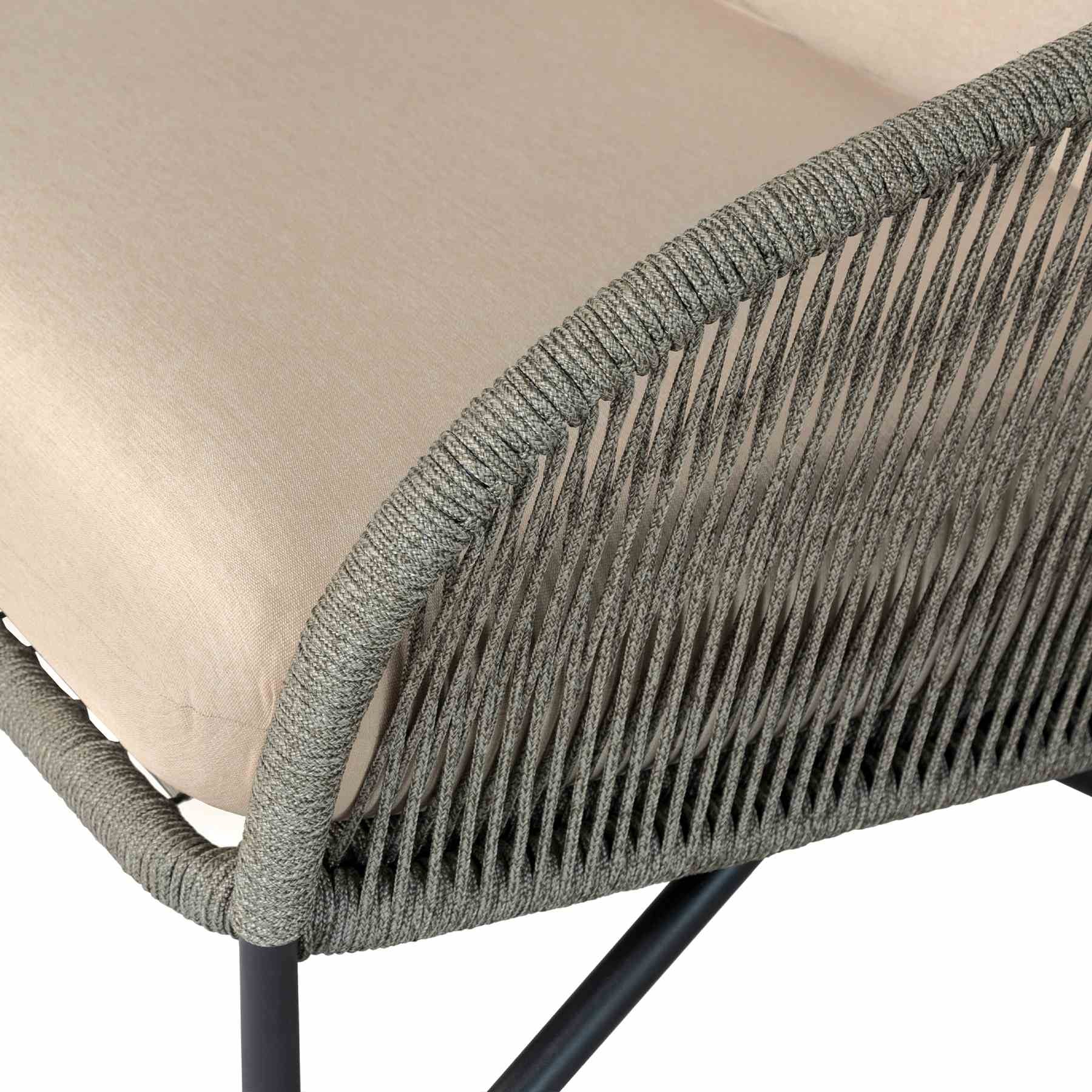 Benicia Outdoor Patio 4 Piece Conversation Set in Weathered Eucalyptus Wood and Metal with Gray Rope and Taupe Cushions - Image 10