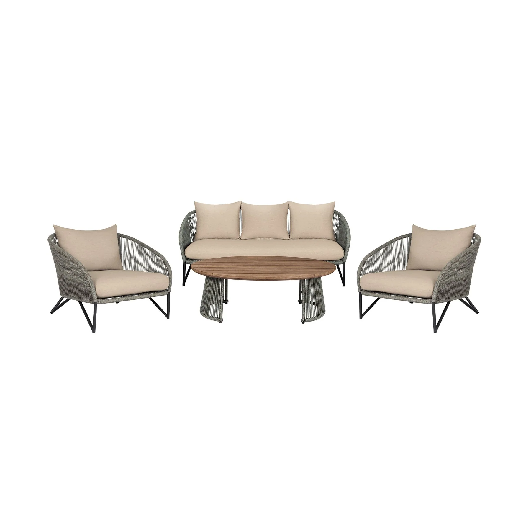 Benicia Outdoor Patio 4 Piece Conversation Set in Weathered Eucalyptus Wood and Metal with Gray Rope and Taupe Cushions - Image 2