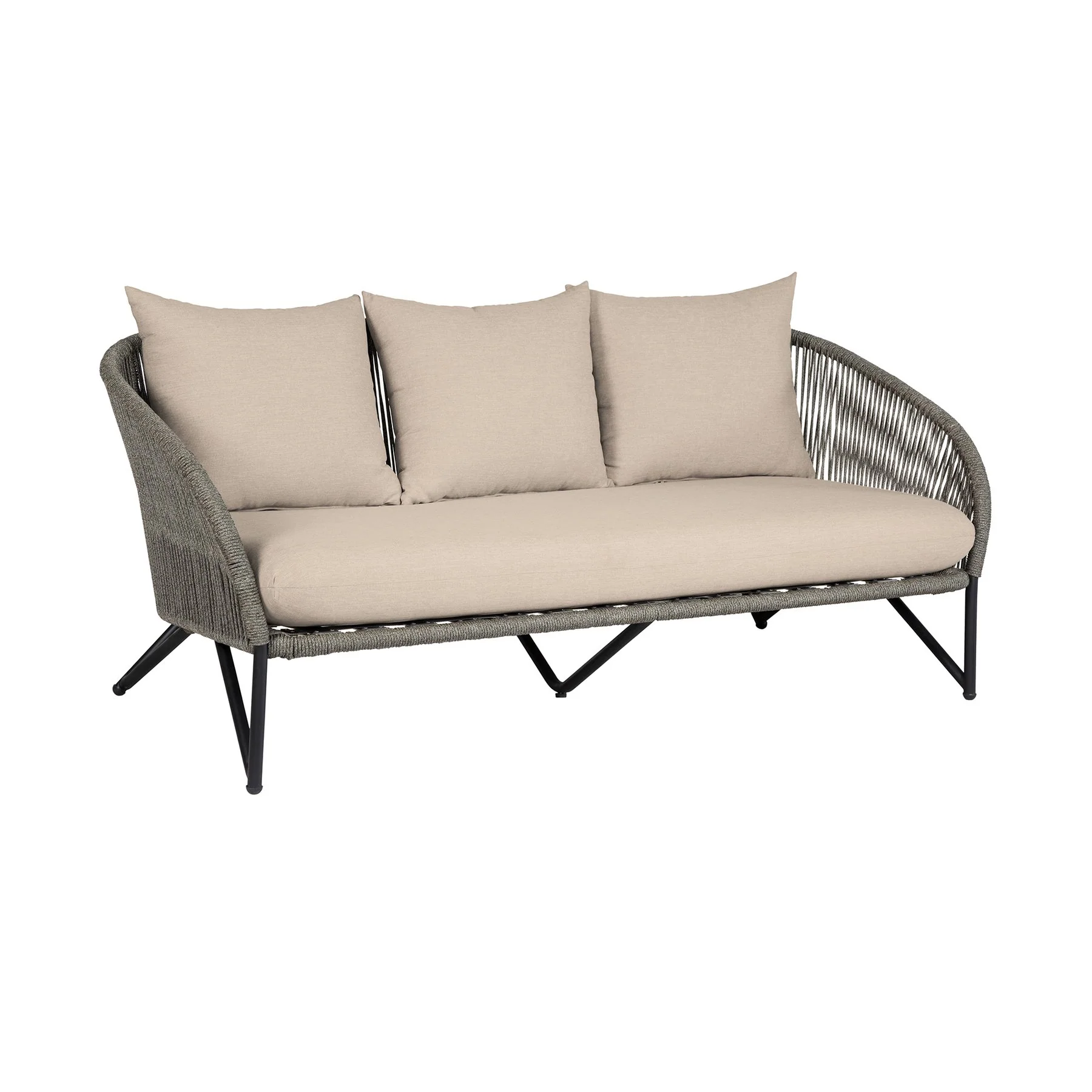Benicia Outdoor Patio 4 Piece Conversation Set in Weathered Eucalyptus Wood and Metal with Gray Rope and Taupe Cushions - Image 3