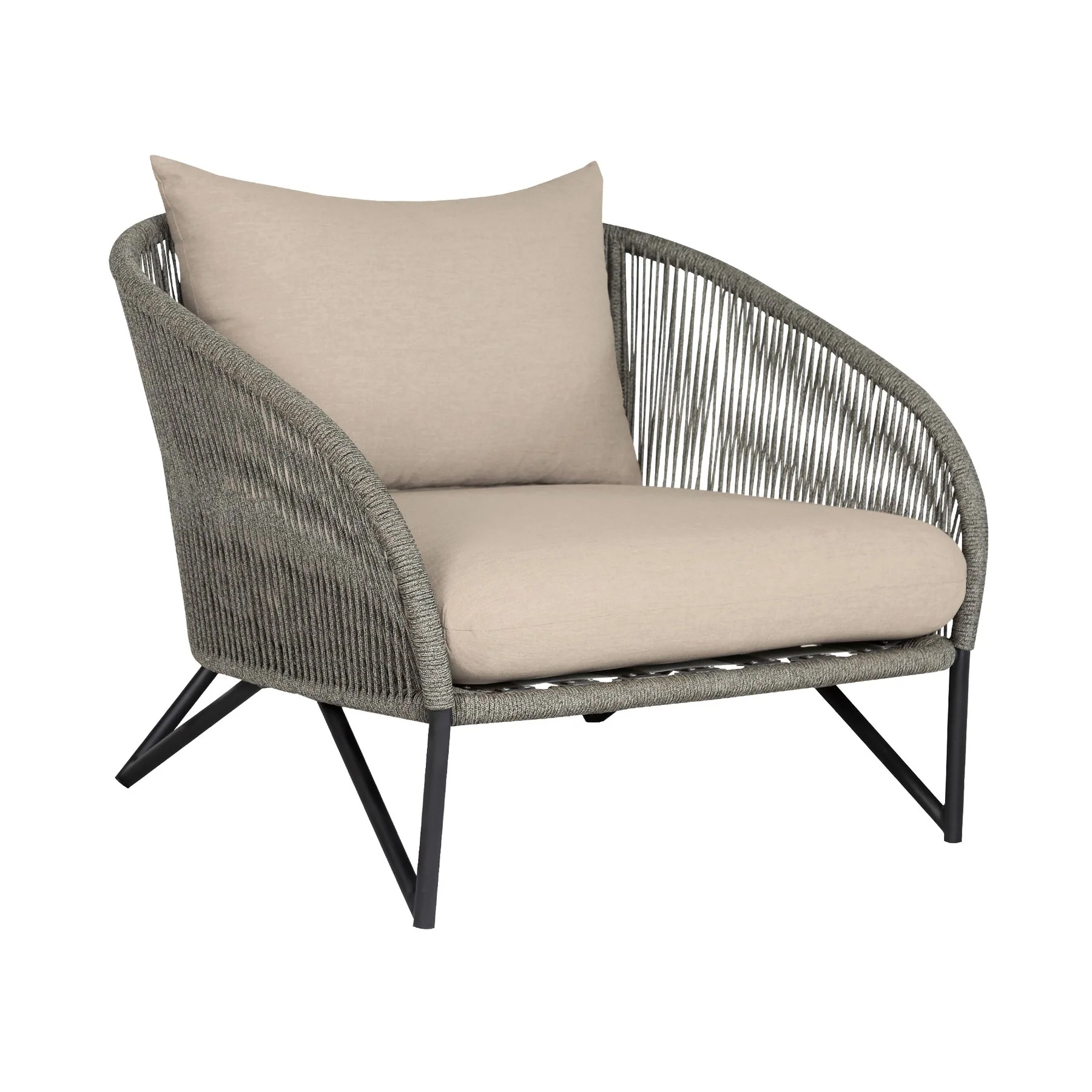 Benicia Outdoor Patio 4 Piece Conversation Set in Weathered Eucalyptus Wood and Metal with Gray Rope and Taupe Cushions - Image 5