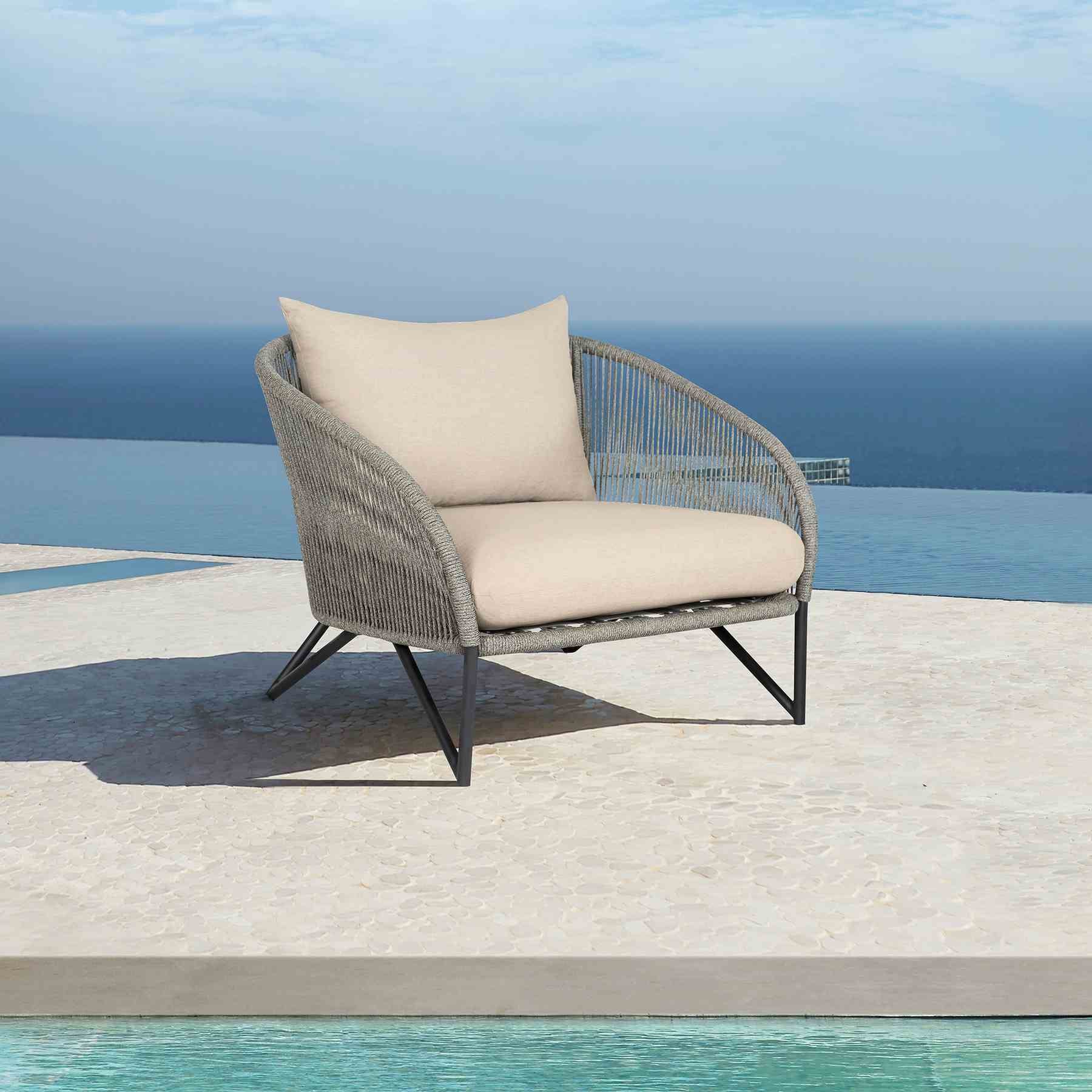 Benicia Outdoor Patio Chair in Black Steel with Gray Rope and Taupe Olefin Cushions - Image 10