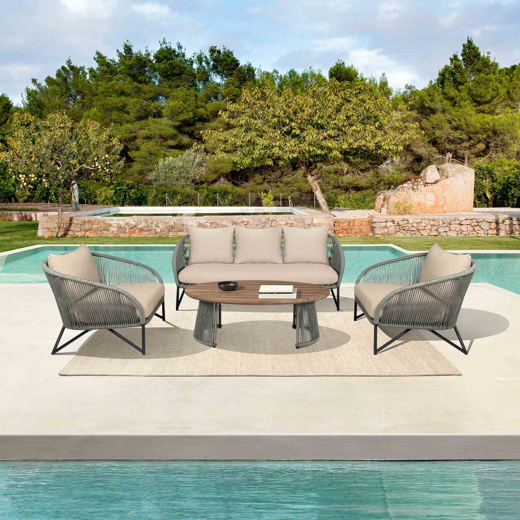 Benicia Outdoor Patio Chair in Black Steel with Gray Rope and Taupe Olefin Cushions - Image 11