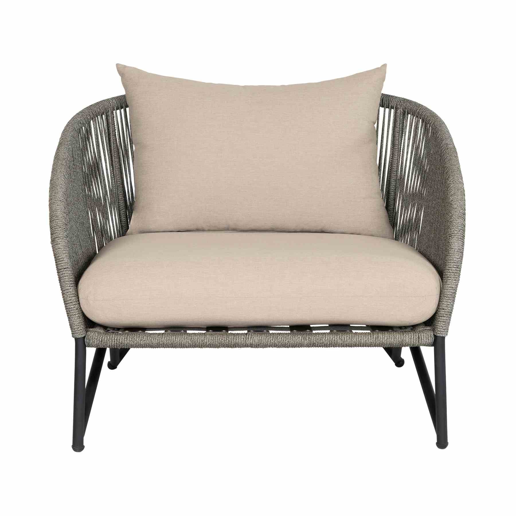 Benicia Outdoor Patio Chair in Black Steel with Gray Rope and Taupe Olefin Cushions - Image 2