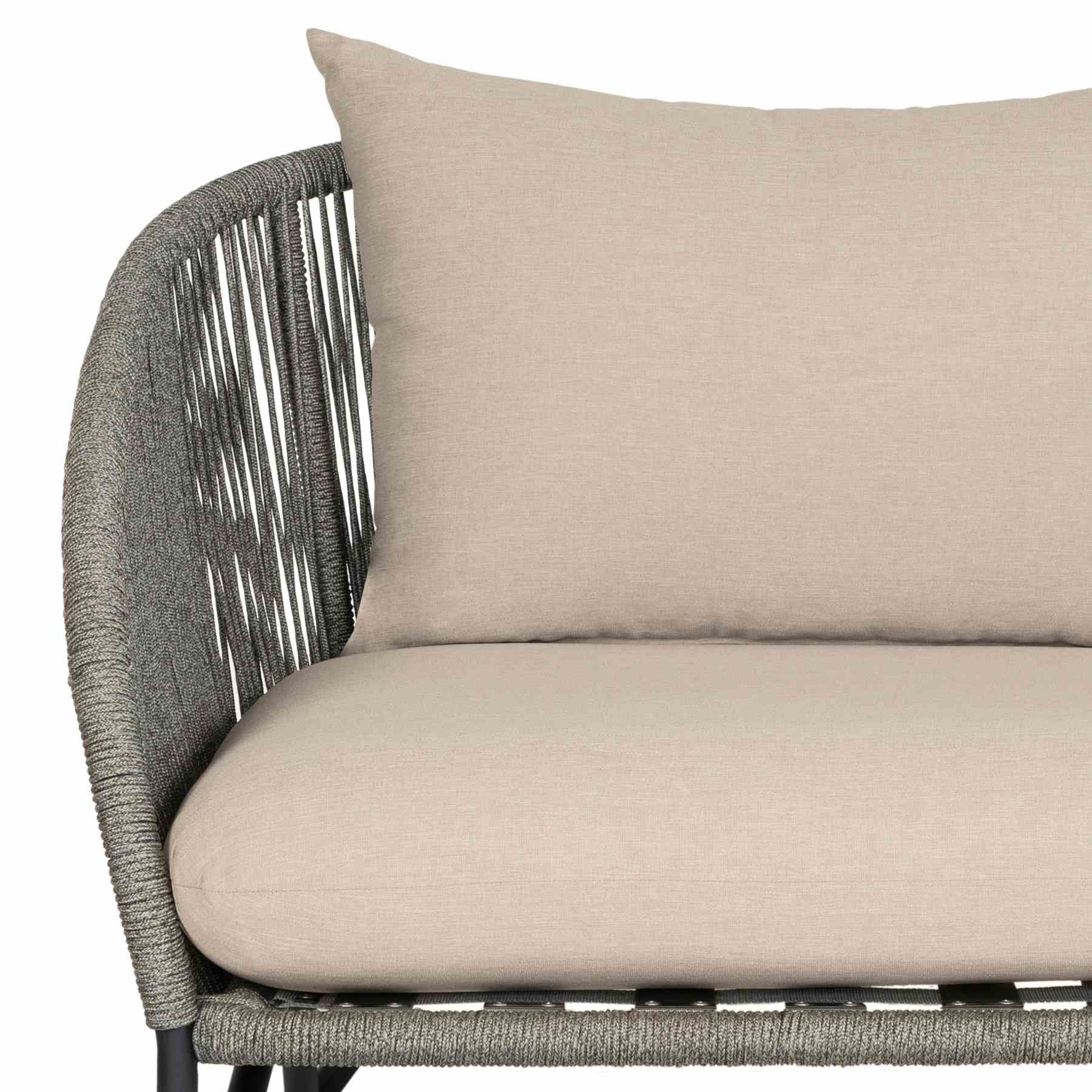 Benicia Outdoor Patio Chair in Black Steel with Gray Rope and Taupe Olefin Cushions - Image 7