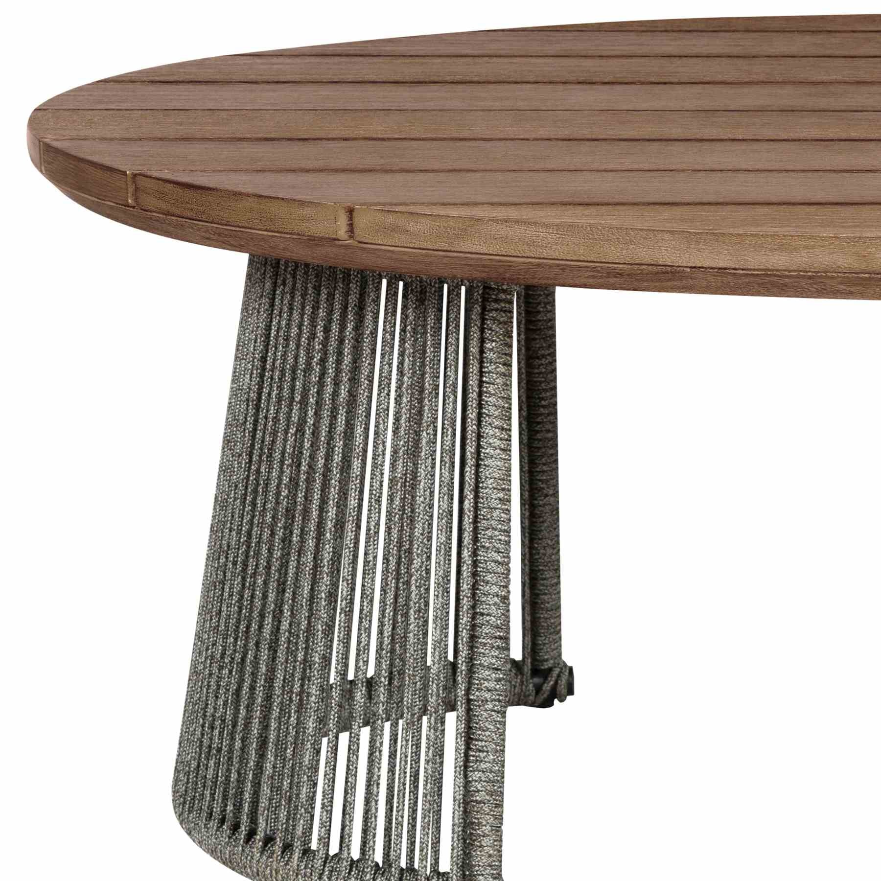 Benicia Outdoor Patio Oval Coffee Table in Weathered Eucalyptus Wood and Gray Rope - Image 4