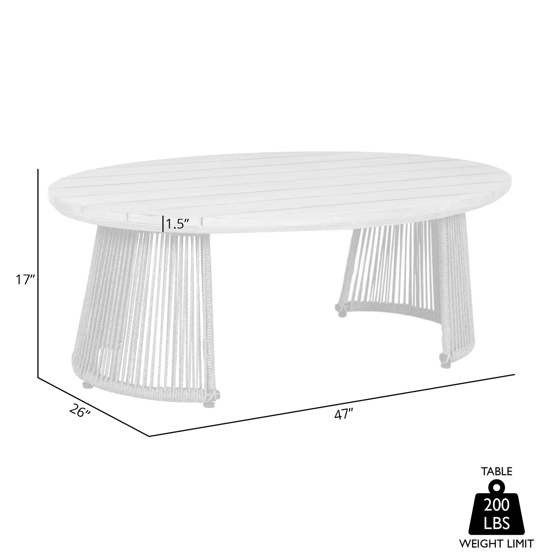 Benicia Outdoor Patio Oval Coffee Table in Weathered Eucalyptus Wood and Gray Rope - Image 8